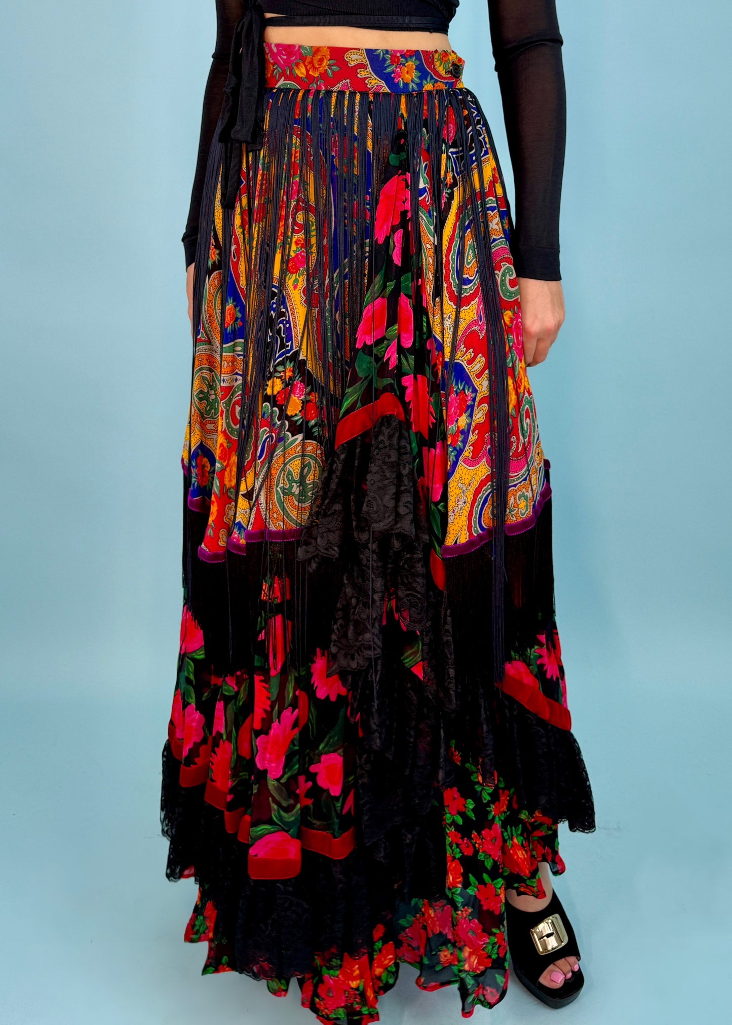 Dolce & Gabbana Fall 1993 Runway Multi Print Tiered Fringed Maxi Skirt