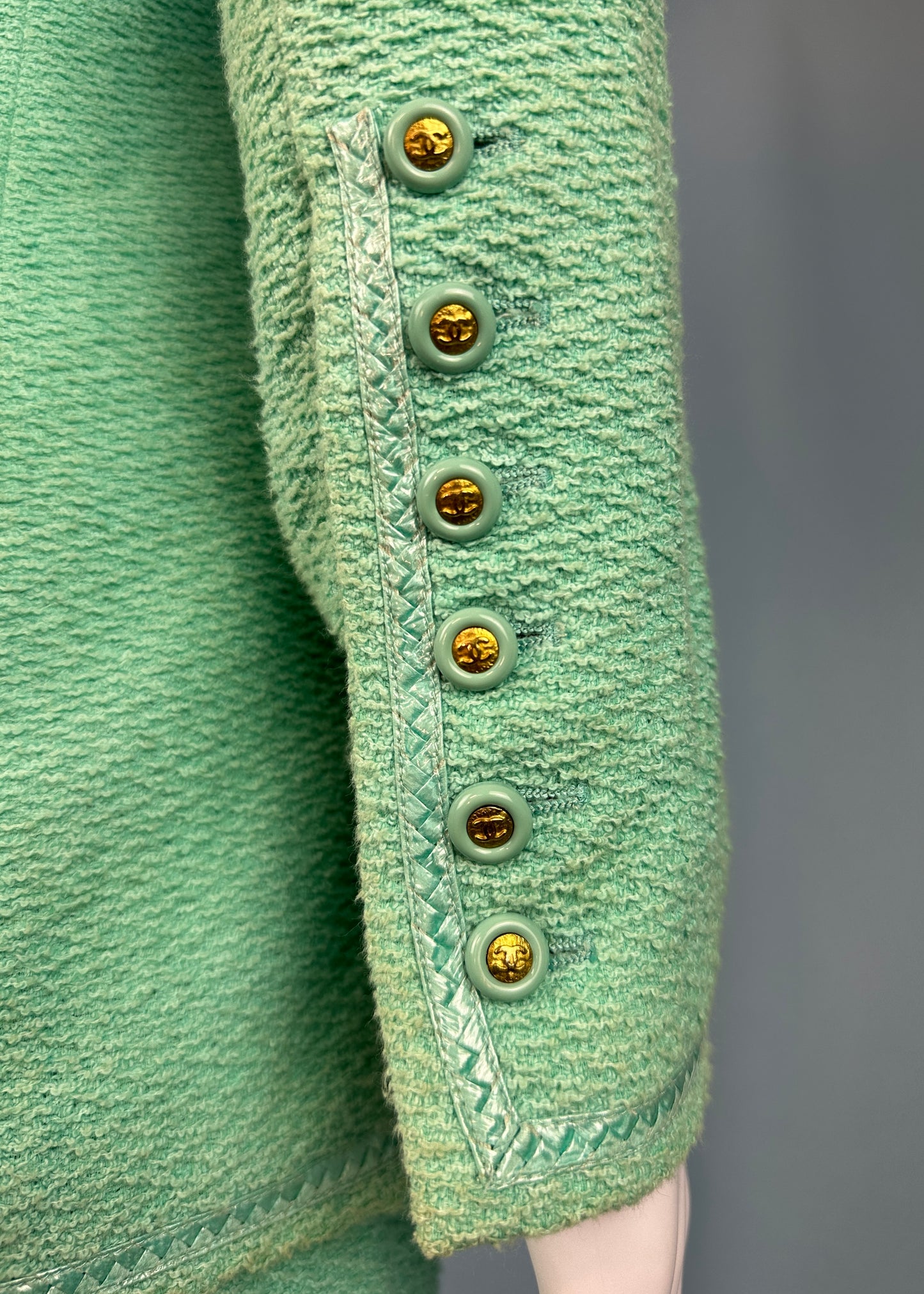 Chanel Spring 1995 Runway Blue Boucle Zip Jacket & Skirt Suit Set