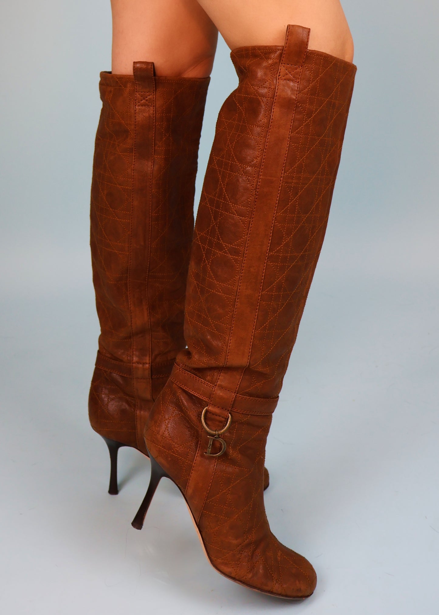 Dior Brown Leather Stitched Dior Charm Heeled Boots