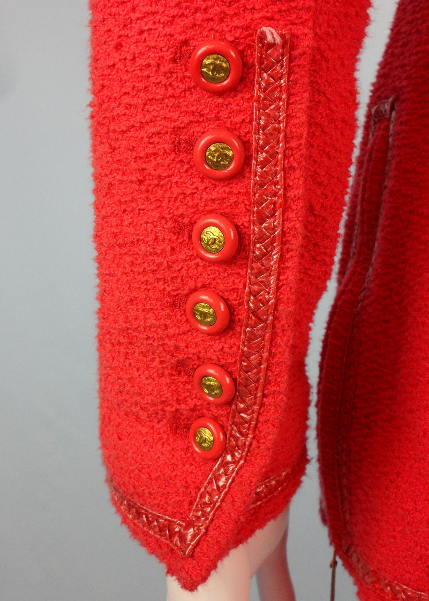 Chanel Spring 1995 Runway Red Boucle Zip Jacket & Skirt Suit Set