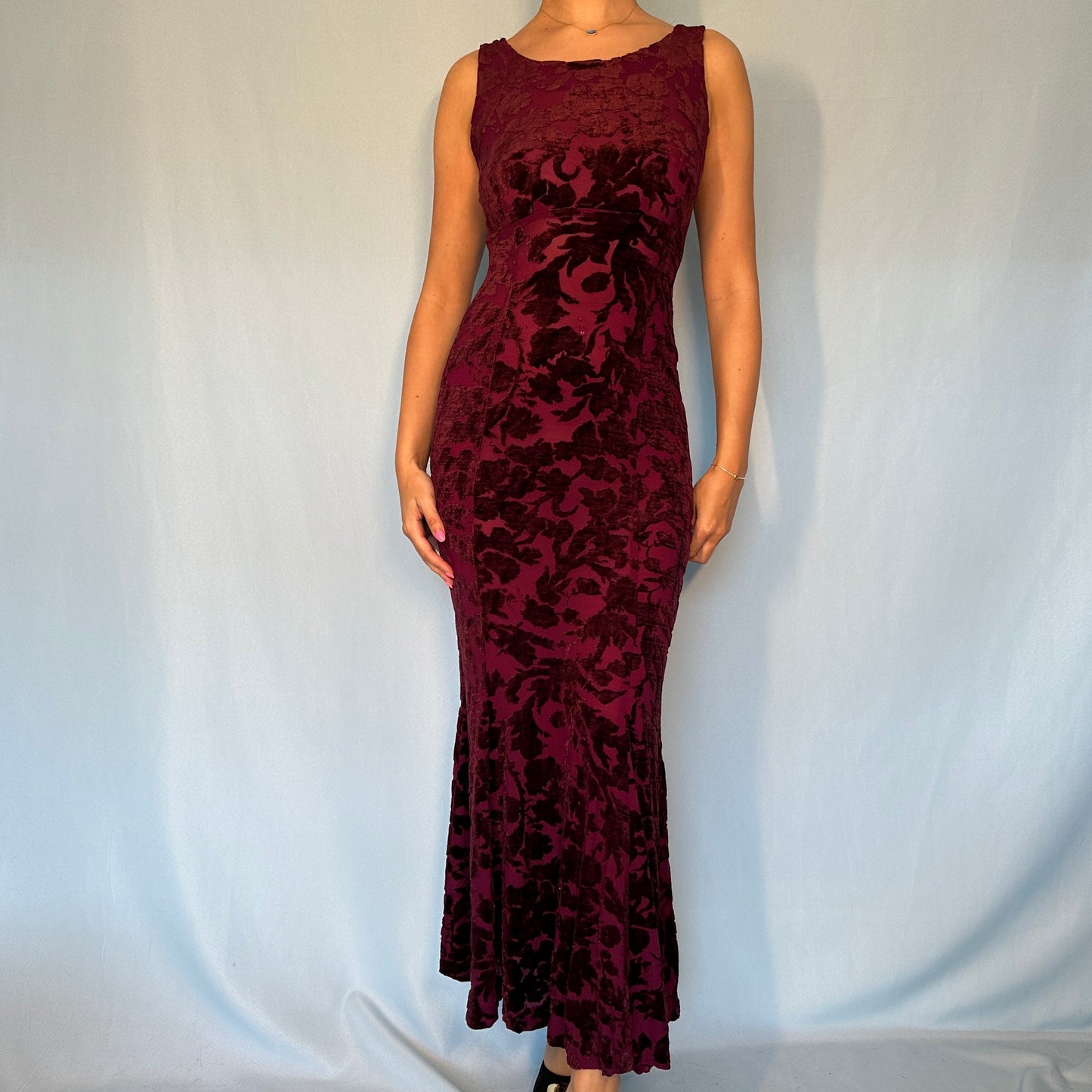Betsey Johnson Maroon Burnout Devoré Velvet Maxi Dress