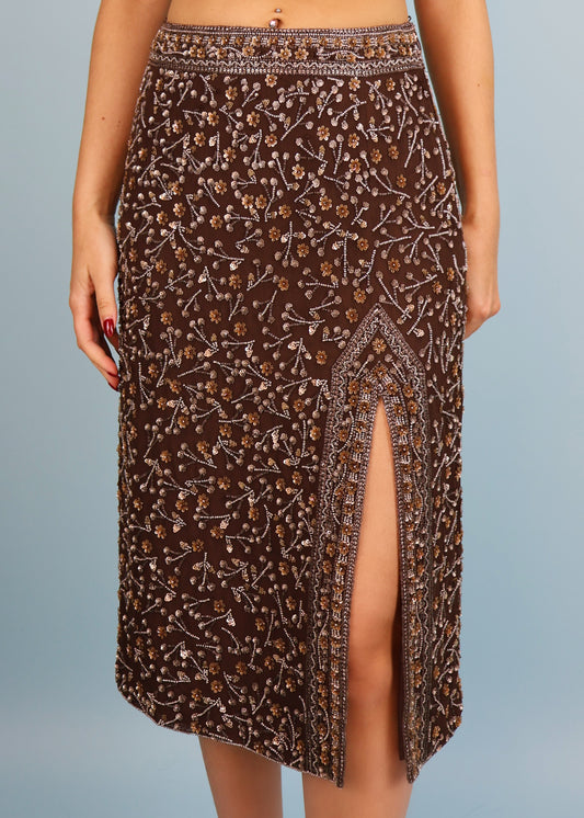 Escada Brown Floral Beaded Embellished Silk Skirt