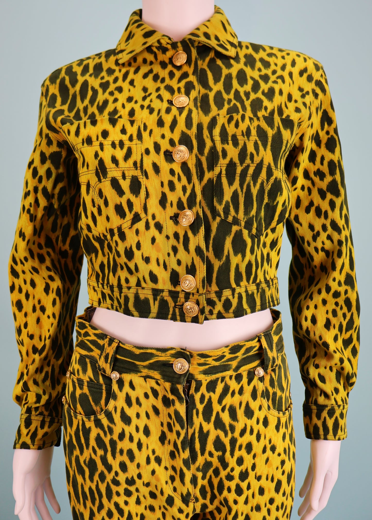 Versace Spring 1992 Runway Yellow Cheetah Print Denim Jacket & Jeans Sets