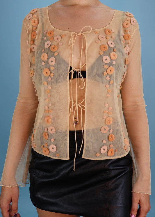 Fendi Mesh & Fur Appliqué Tie Up Top