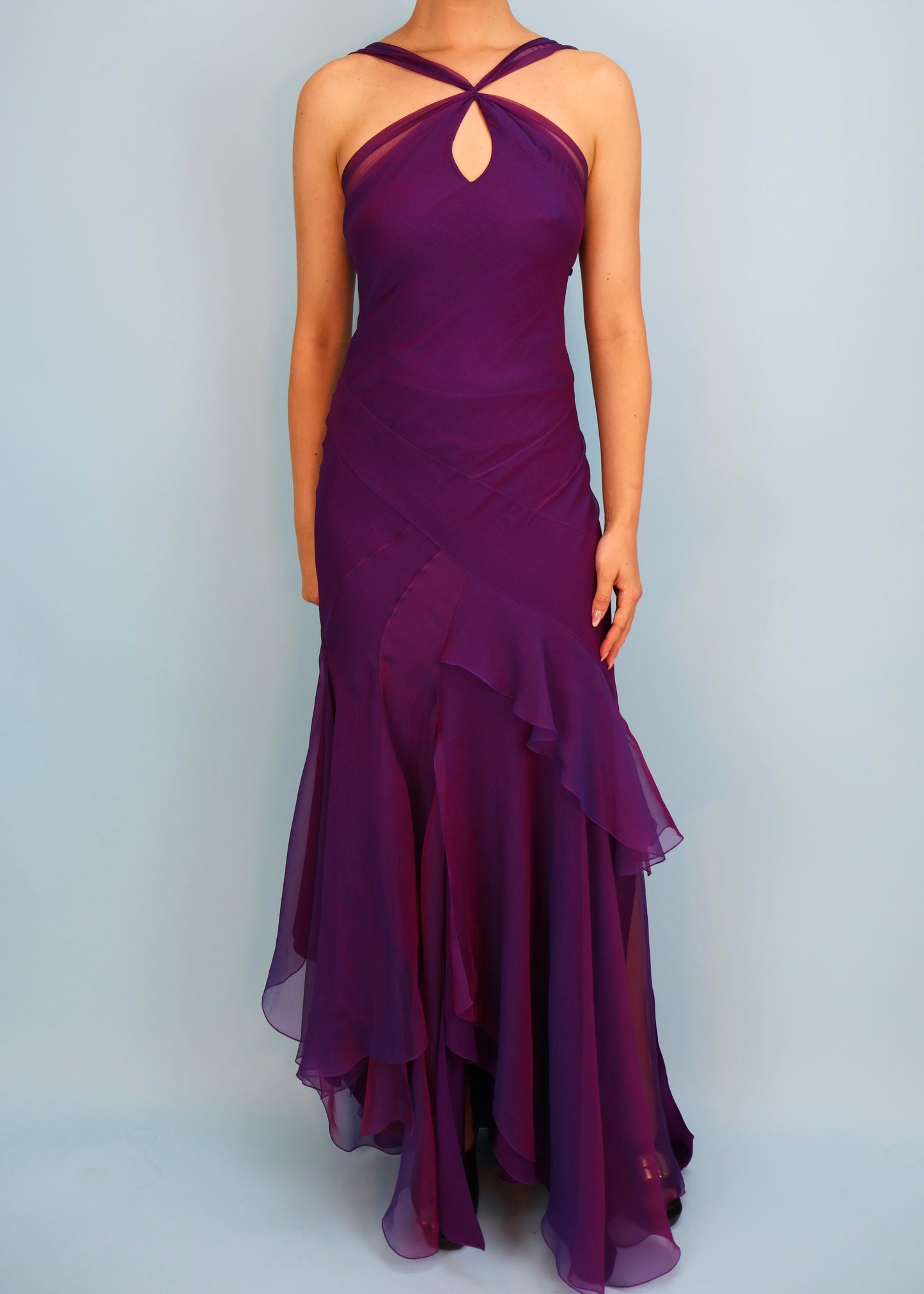 Dior Spring 2005 Purple Iridescent Silk Chiffon Peephole Halter Gown & Scarf