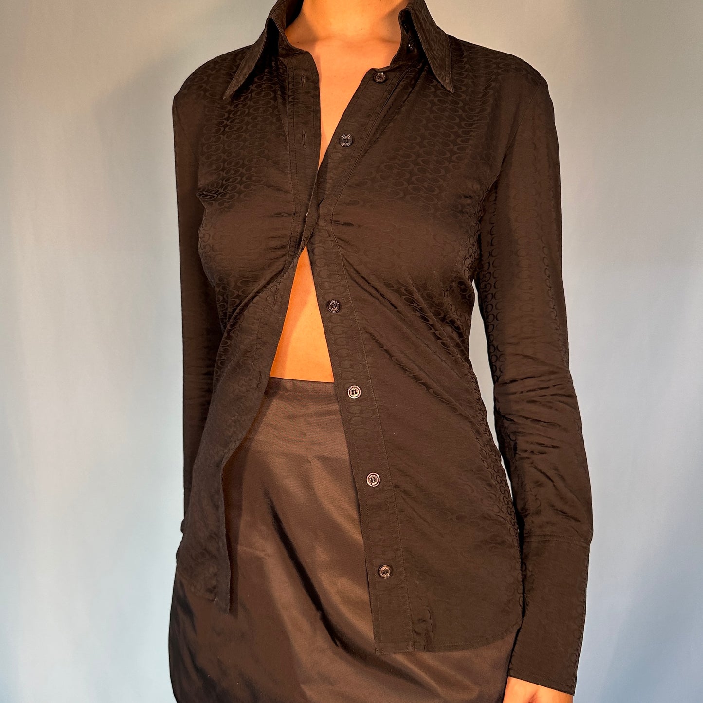 Gucci 2004 Monogram Black Silk Button Up Shirt