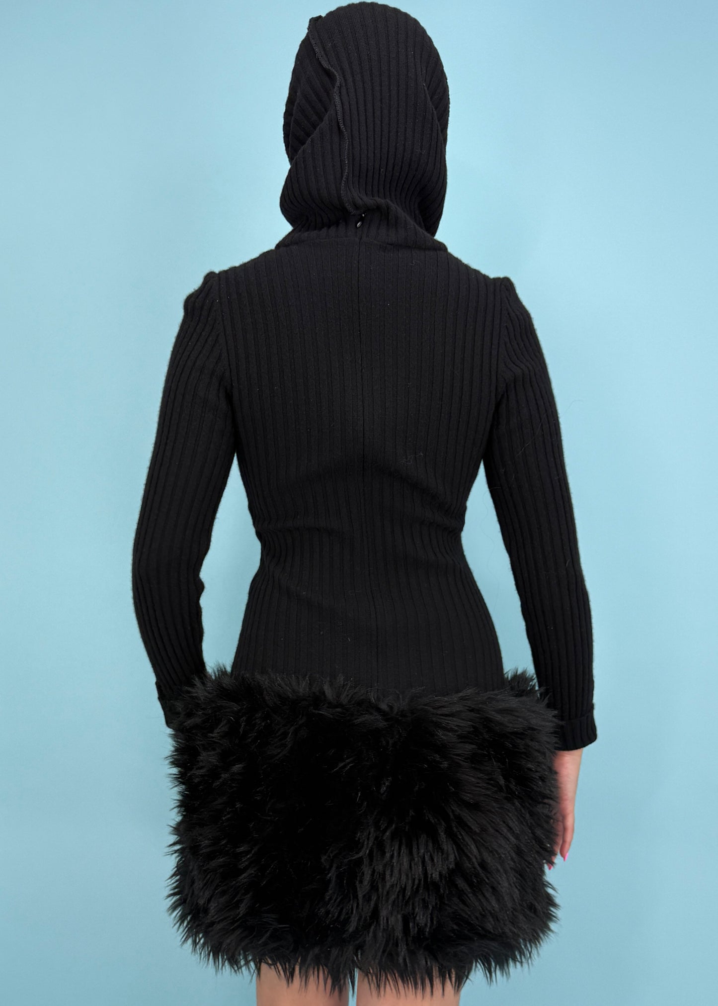 Chanel Fall 1994 Runway Black Knitted Faux Fur Hooded Dress