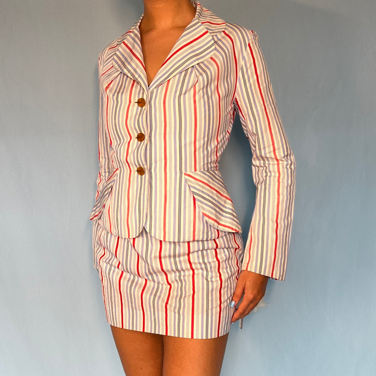 Vivienne Westwood Spring 1994 “Cafe Society” Runway Feather Bustle Striped Skirt & Jacket Suit Set