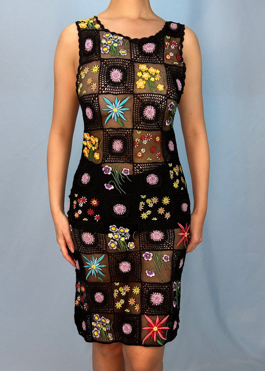 Moschino Black Floral Crochet Mesh Dress