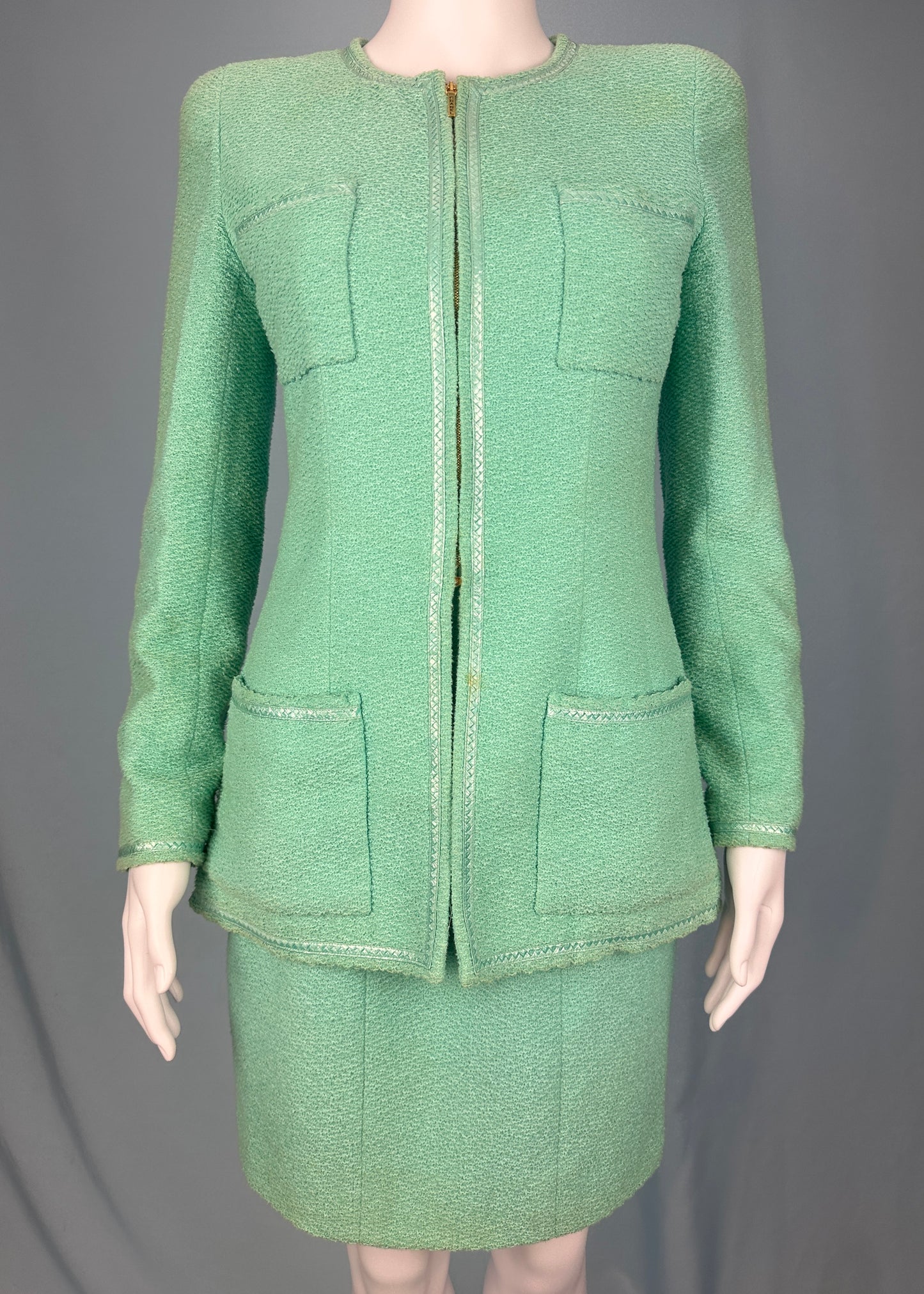 Chanel Spring 1995 Runway Blue Boucle Zip Jacket & Skirt Suit Set
