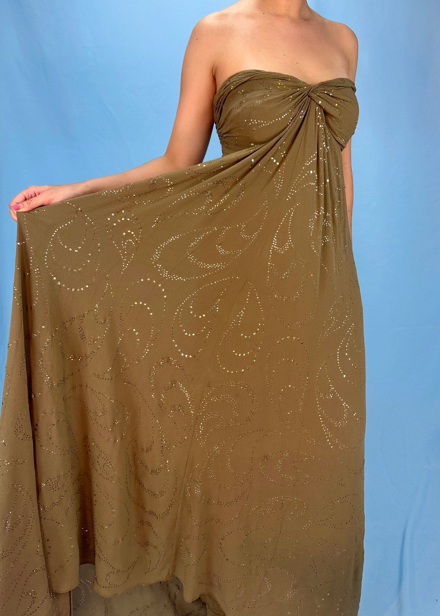 Celine Spring 2003 Runway Khaki Silk Chiffon Embellished Dress