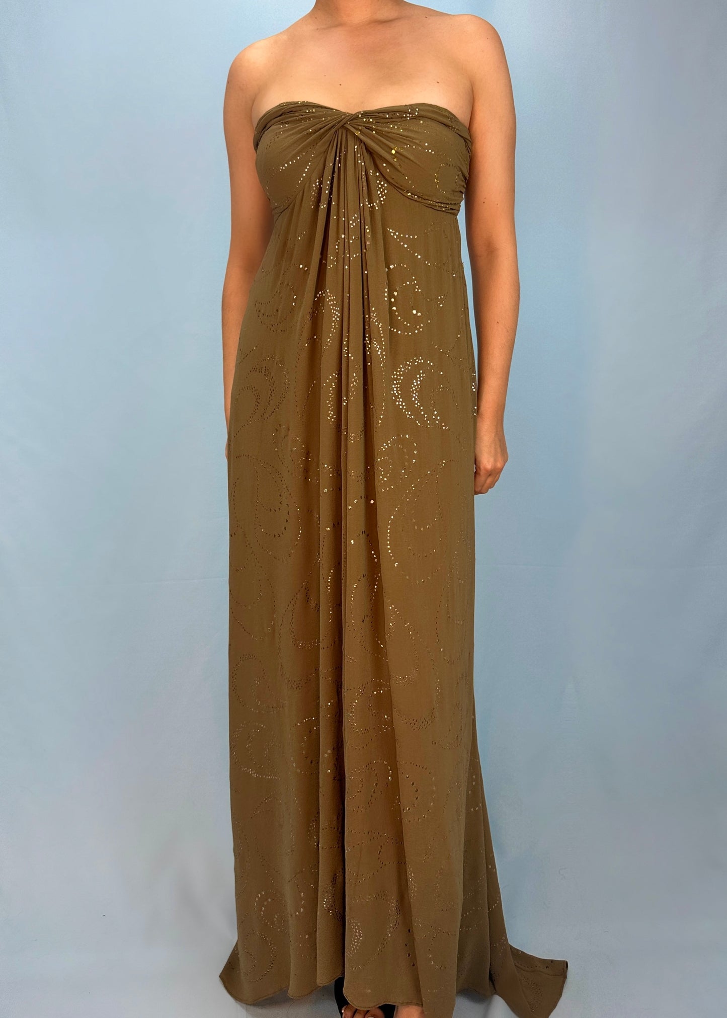 Celine Spring 2003 Runway Khaki Silk Chiffon Embellished Dress