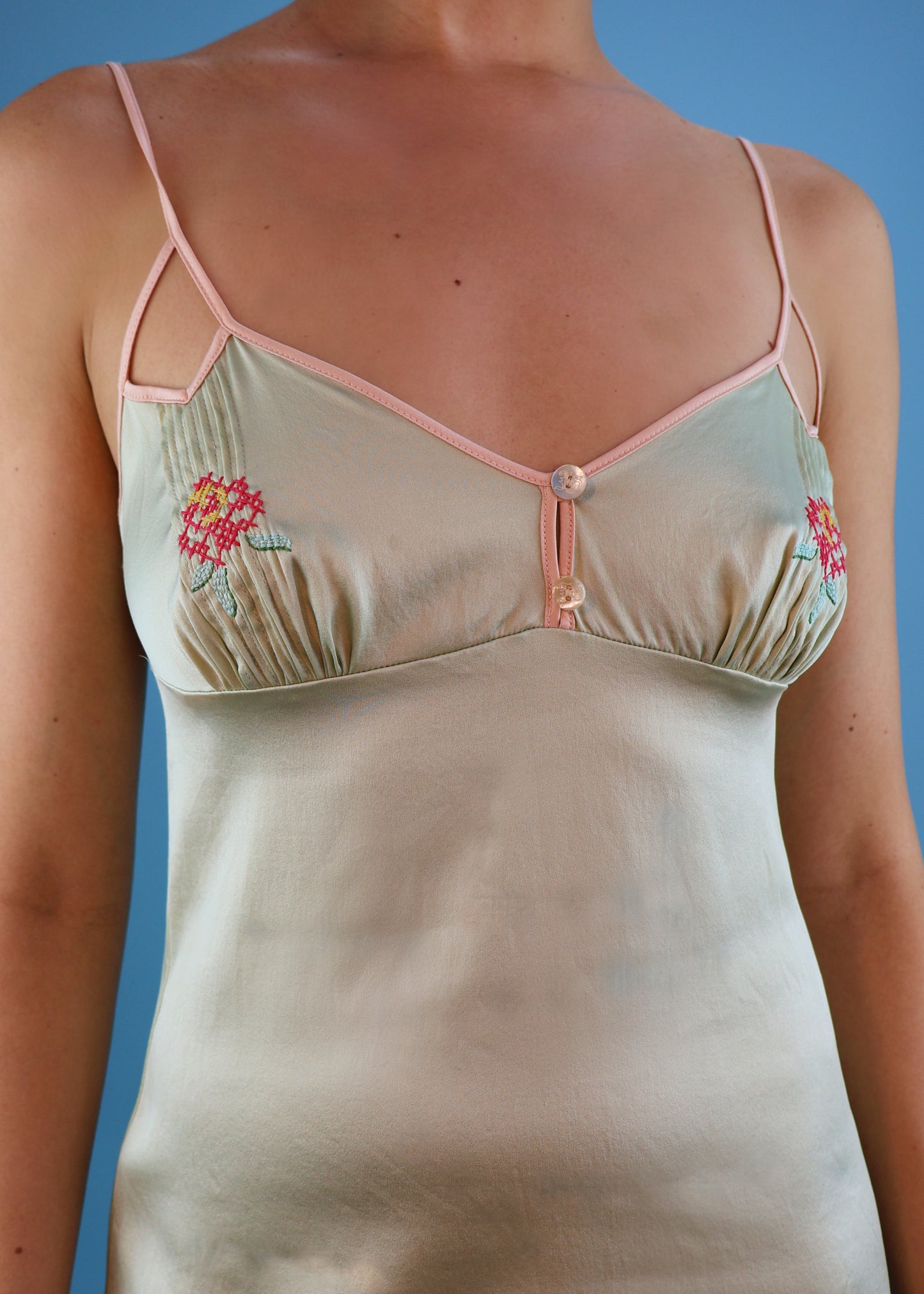 John Galliano Spring 2003 Mint Green Silk Satin Floral Cross Stitch Mini Dress