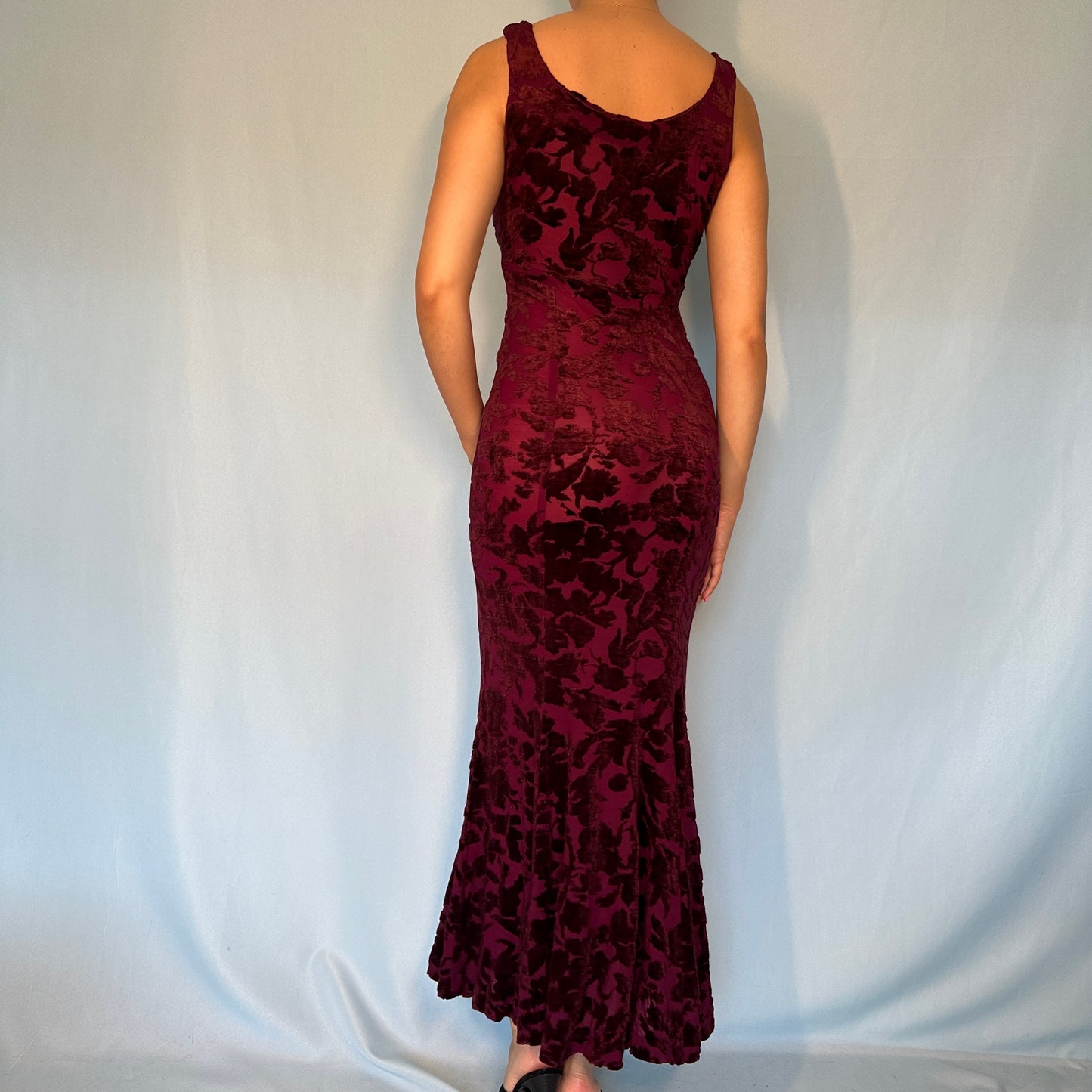 Betsey Johnson Maroon Burnout Devoré Velvet Maxi Dress