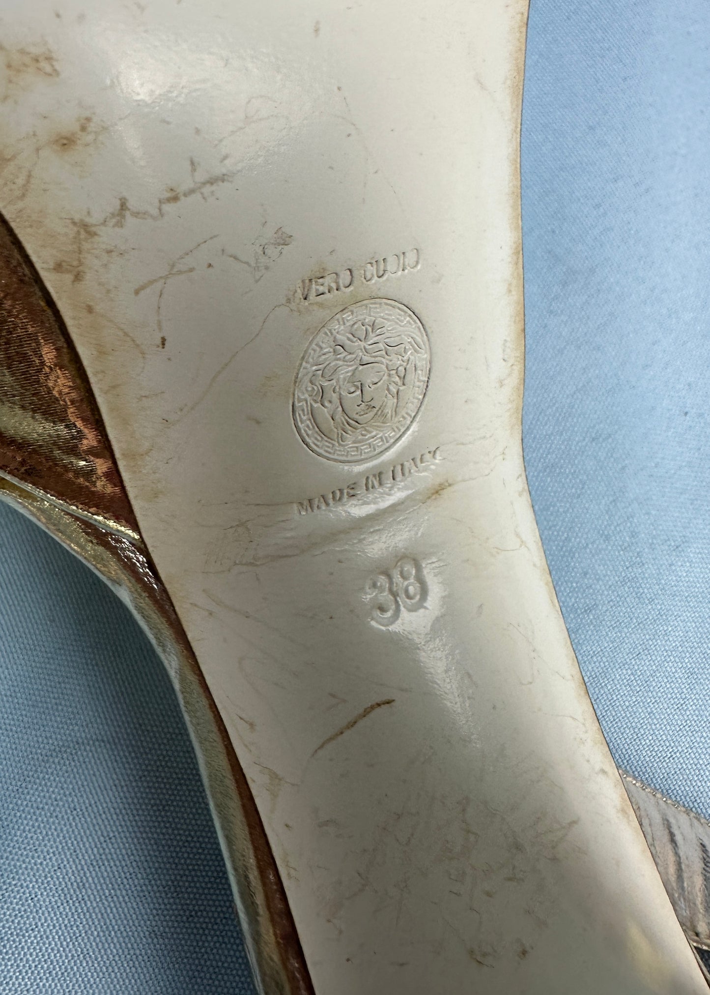 Versace Metallic Gold Chain Detail Platform Heels