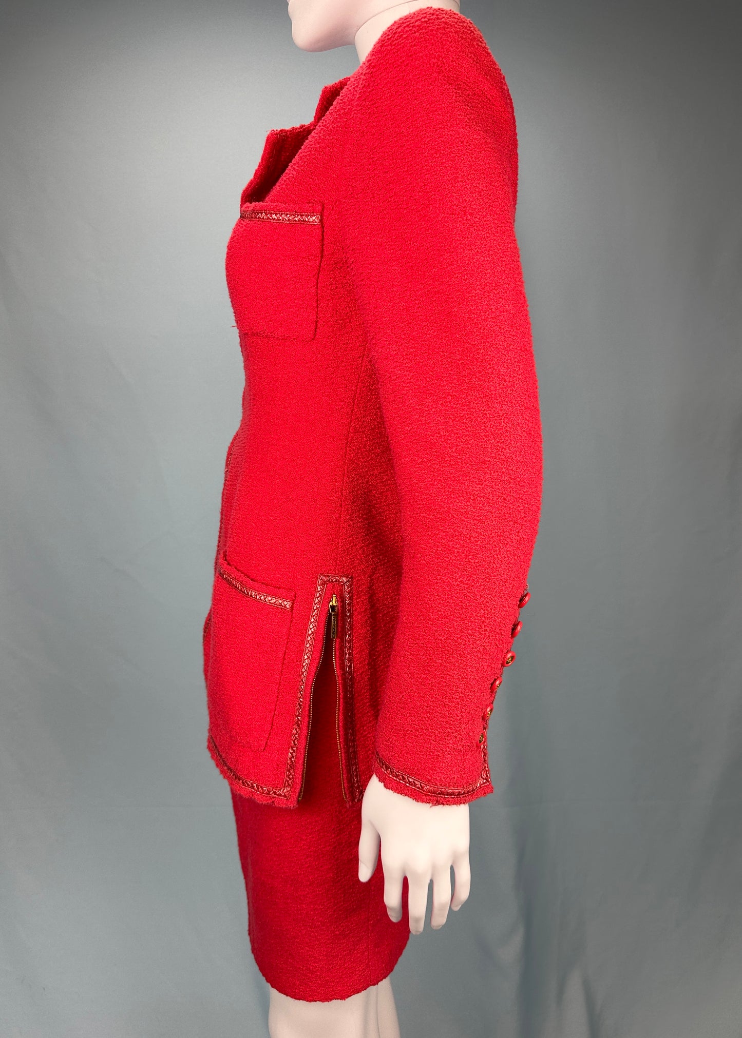 Chanel Spring 1995 Runway Red Boucle Zip Jacket & Skirt Suit Set