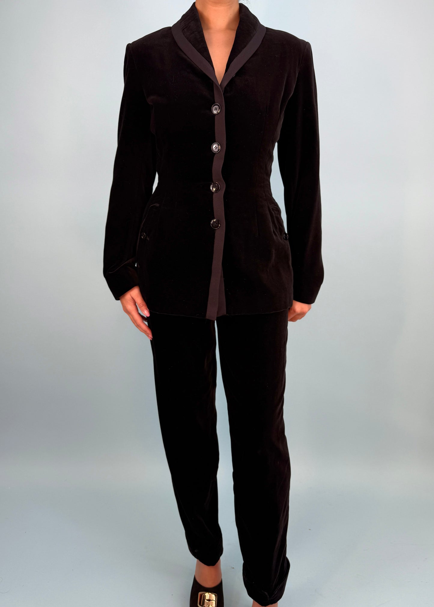 Azzedine Alaïa Fall 1989 Runway Black Velvet Jacket & Trouser Suit Set