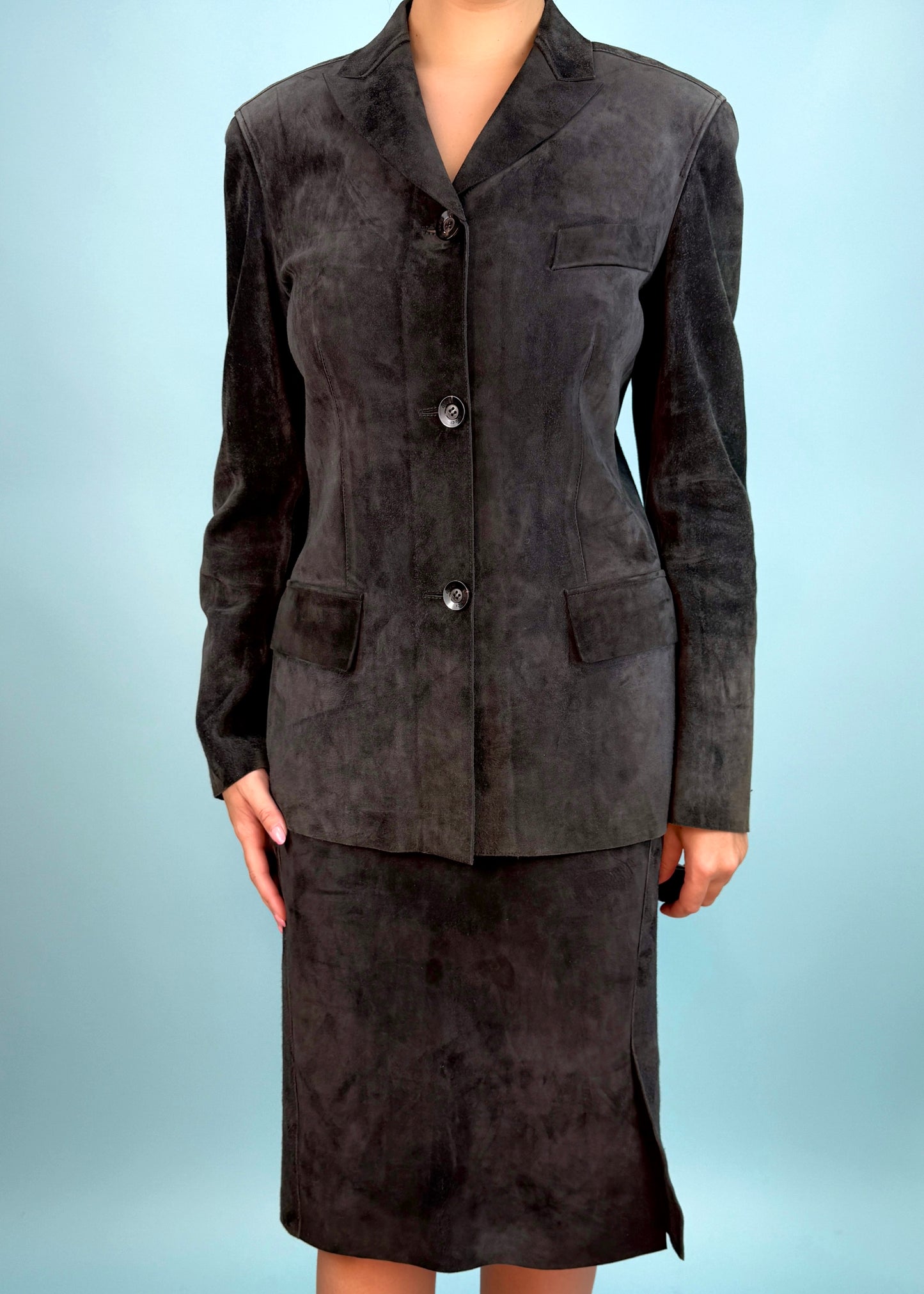Gucci Spring 1998 Grey Suede Jacket & Skirt Suit Set