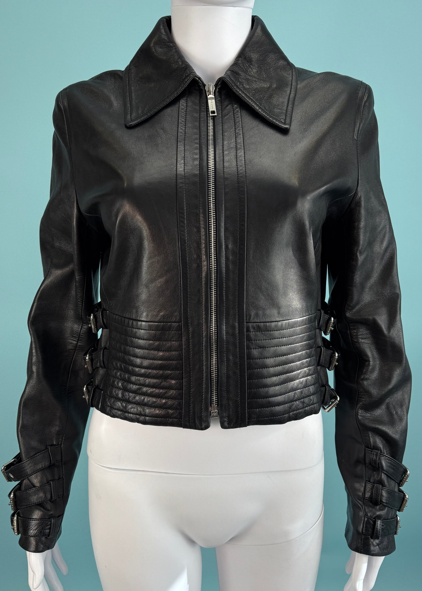 Celine Fall 2003 Runway Black Leather Buckle Detail Jacket