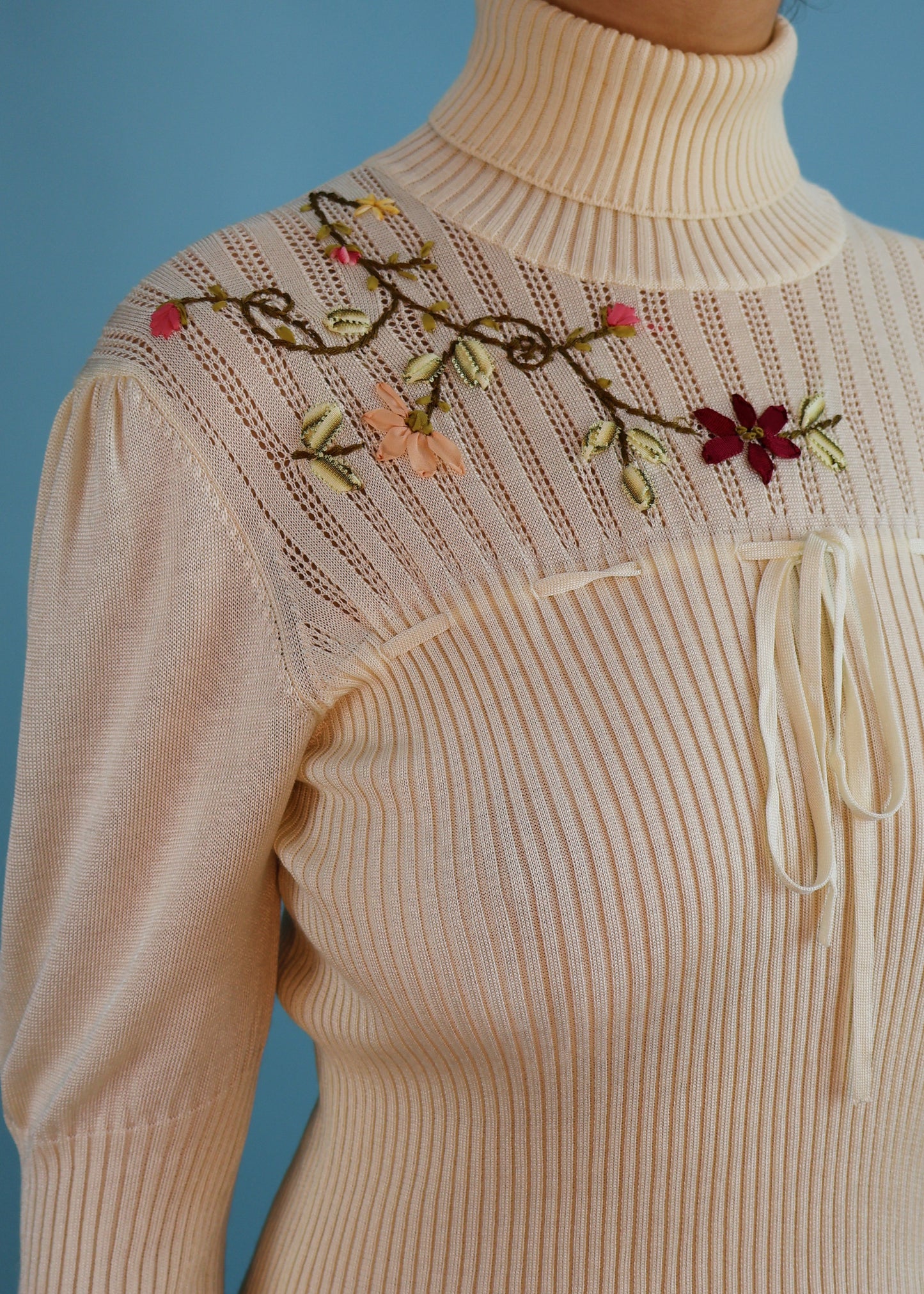 John Galliano Cream Floral Embroidered Knit High Neck Sweater Top