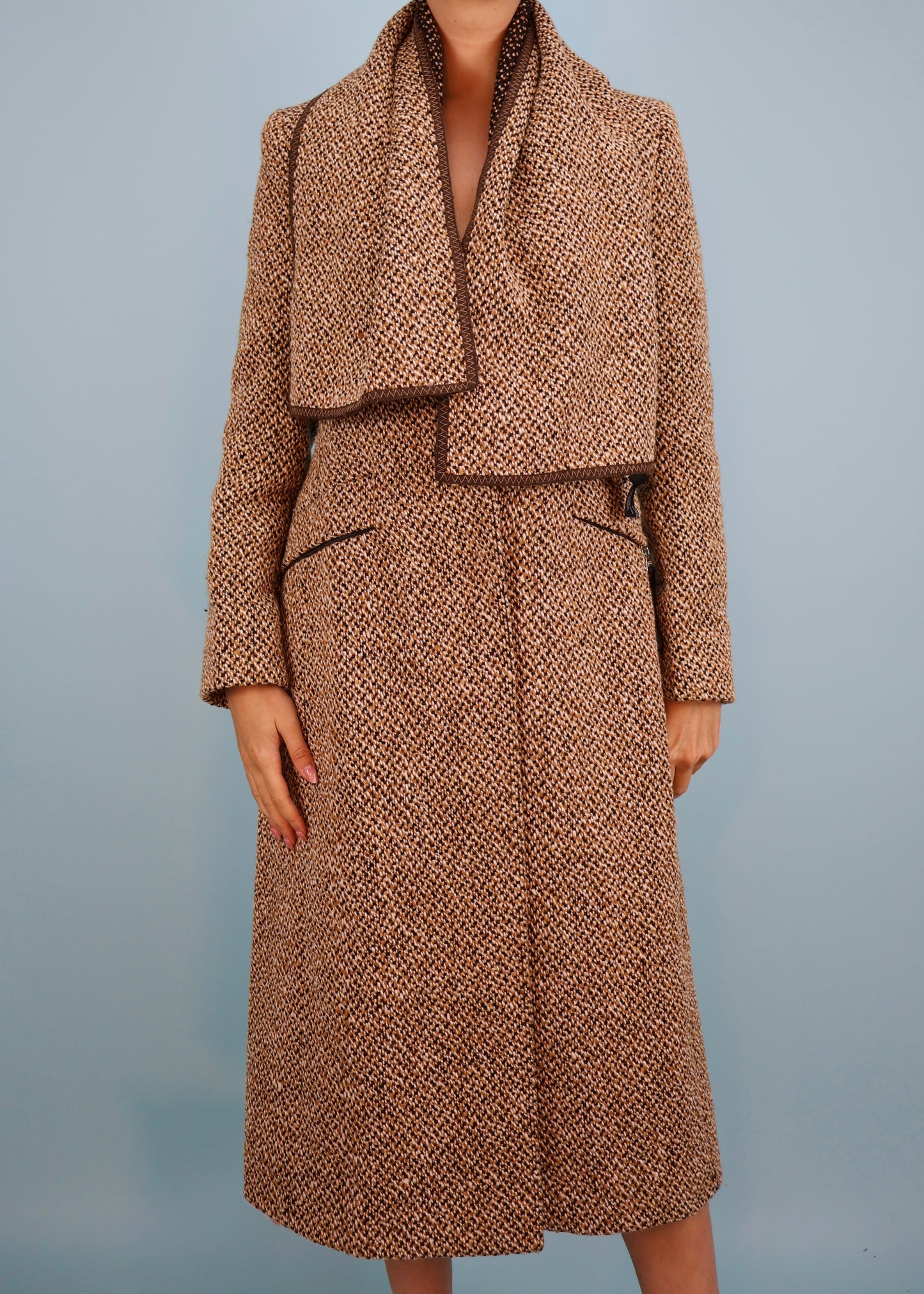 Prada Fall 2000 Runway Herringbone Wool Coat & Scarf