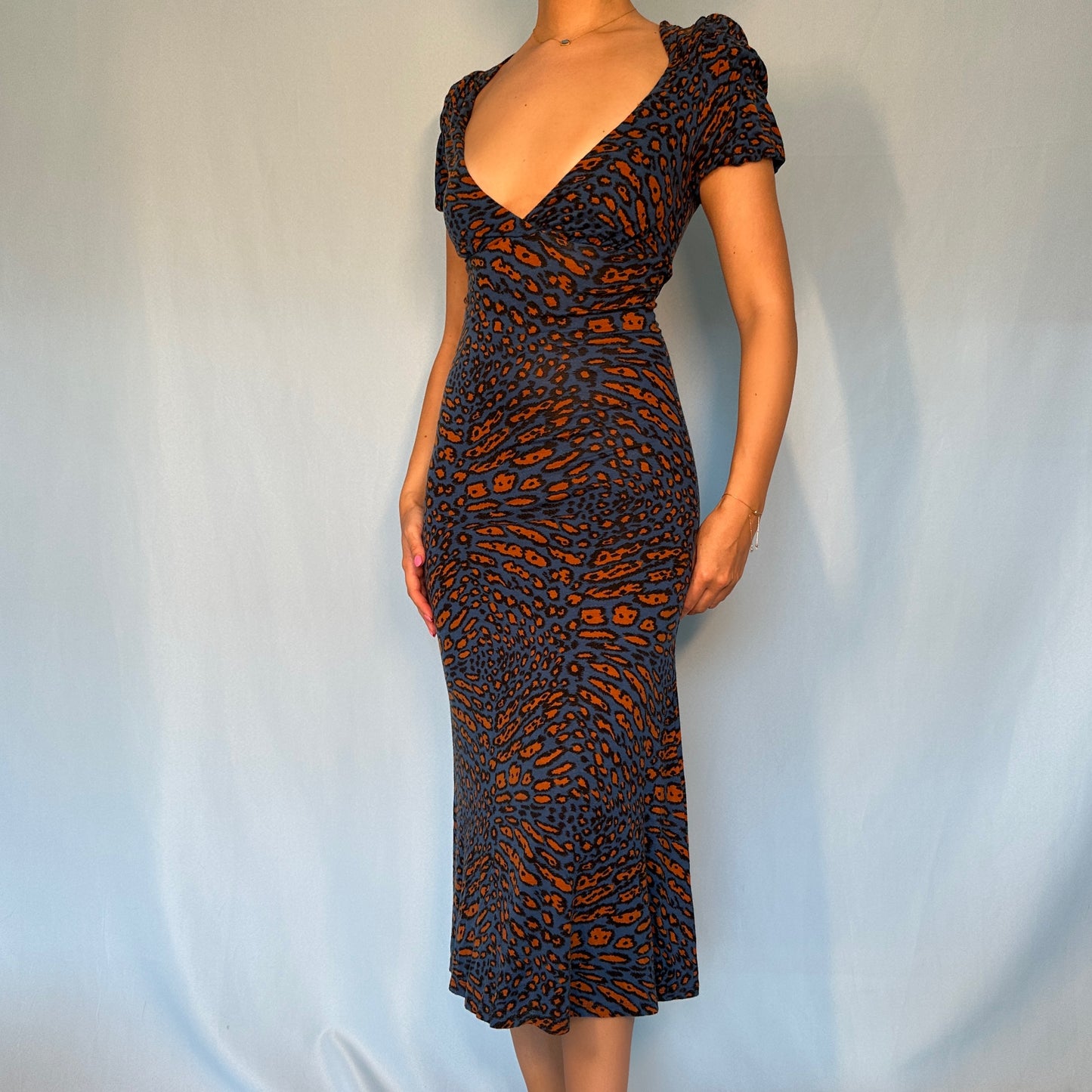 Betsey Johnson Blue Leopard Print Midi Dress
