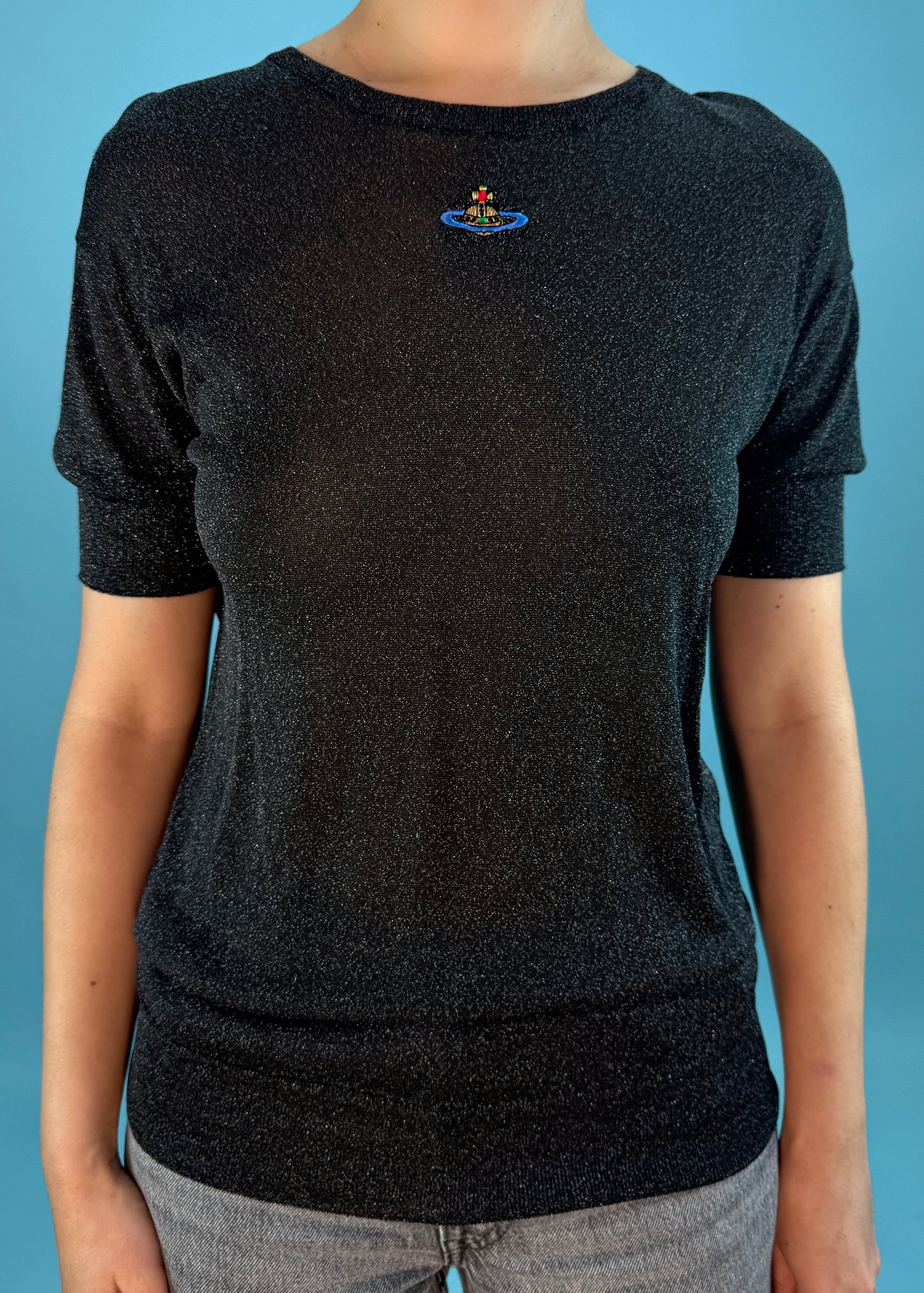 Vivienne Westwood 1990s Grey Lurex Glitter Knit Orb Embroidered Top