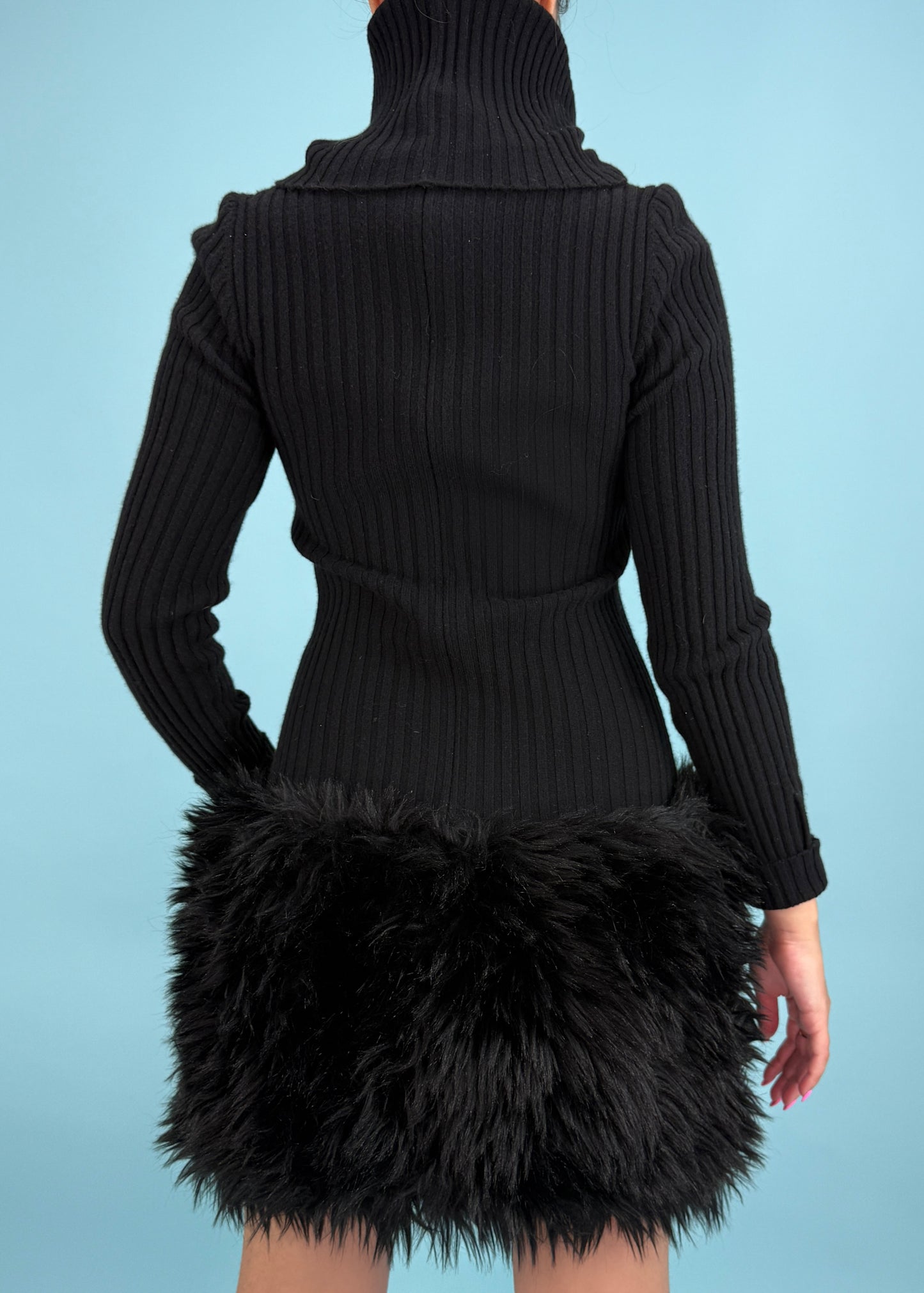 Chanel Fall 1994 Runway Black Knitted Faux Fur Hooded Dress