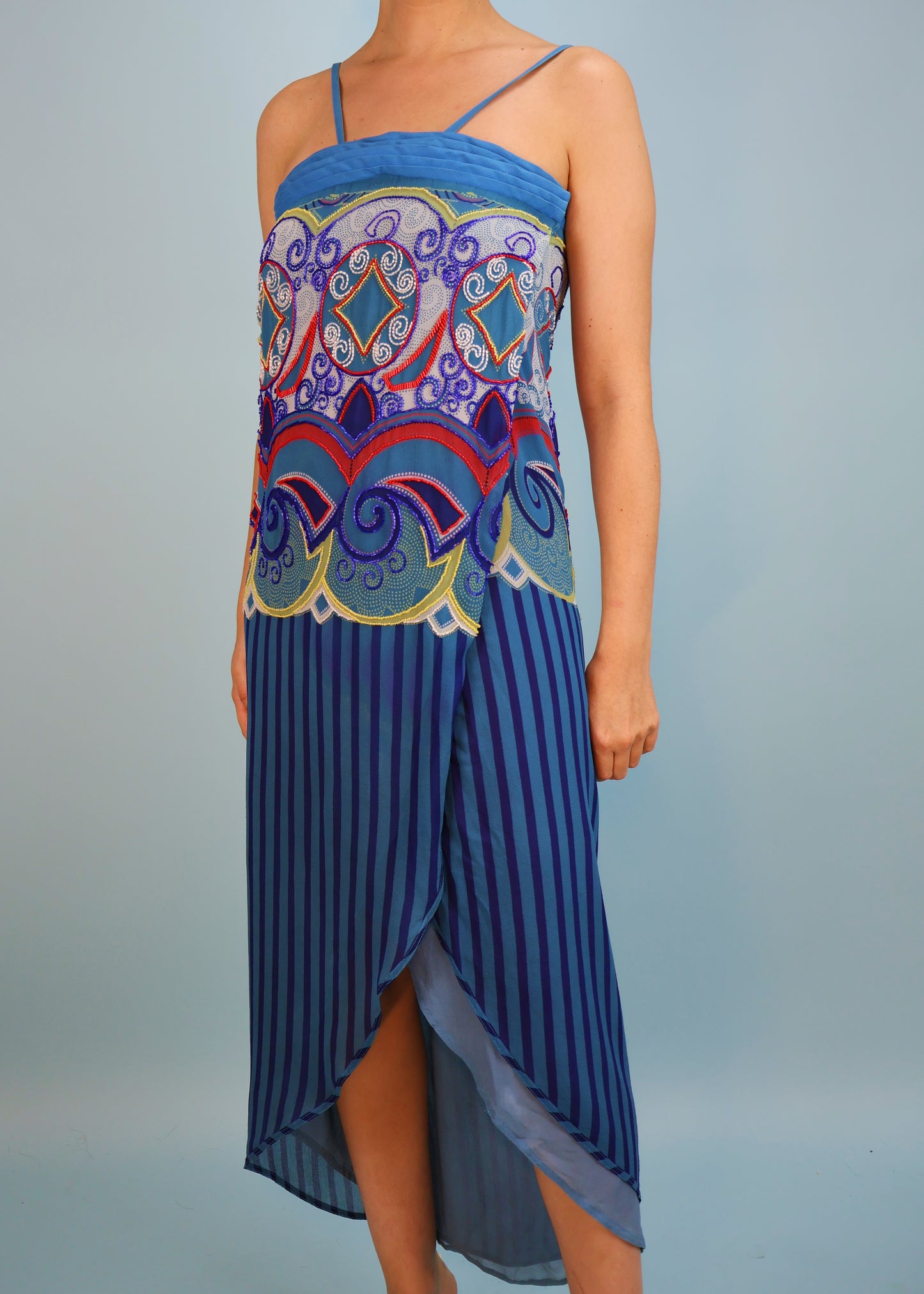 Versace Spring 1982 Runway Blue Embellished Striped Silk Chiffon Dress