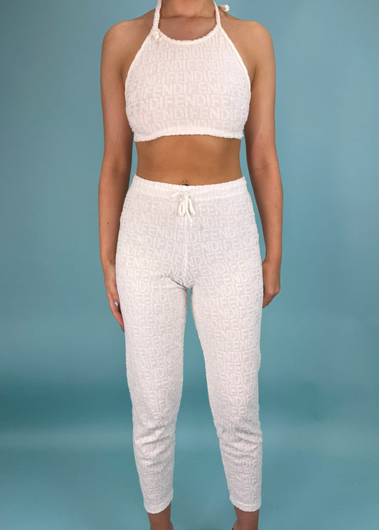 Fendi White Spellout Towelling Halter Top and Pants Set