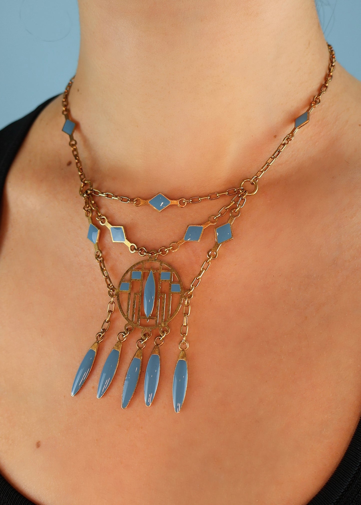 Chloé Spring 2005 Blue Enamel Drop Pendant Necklace & Earrings Set