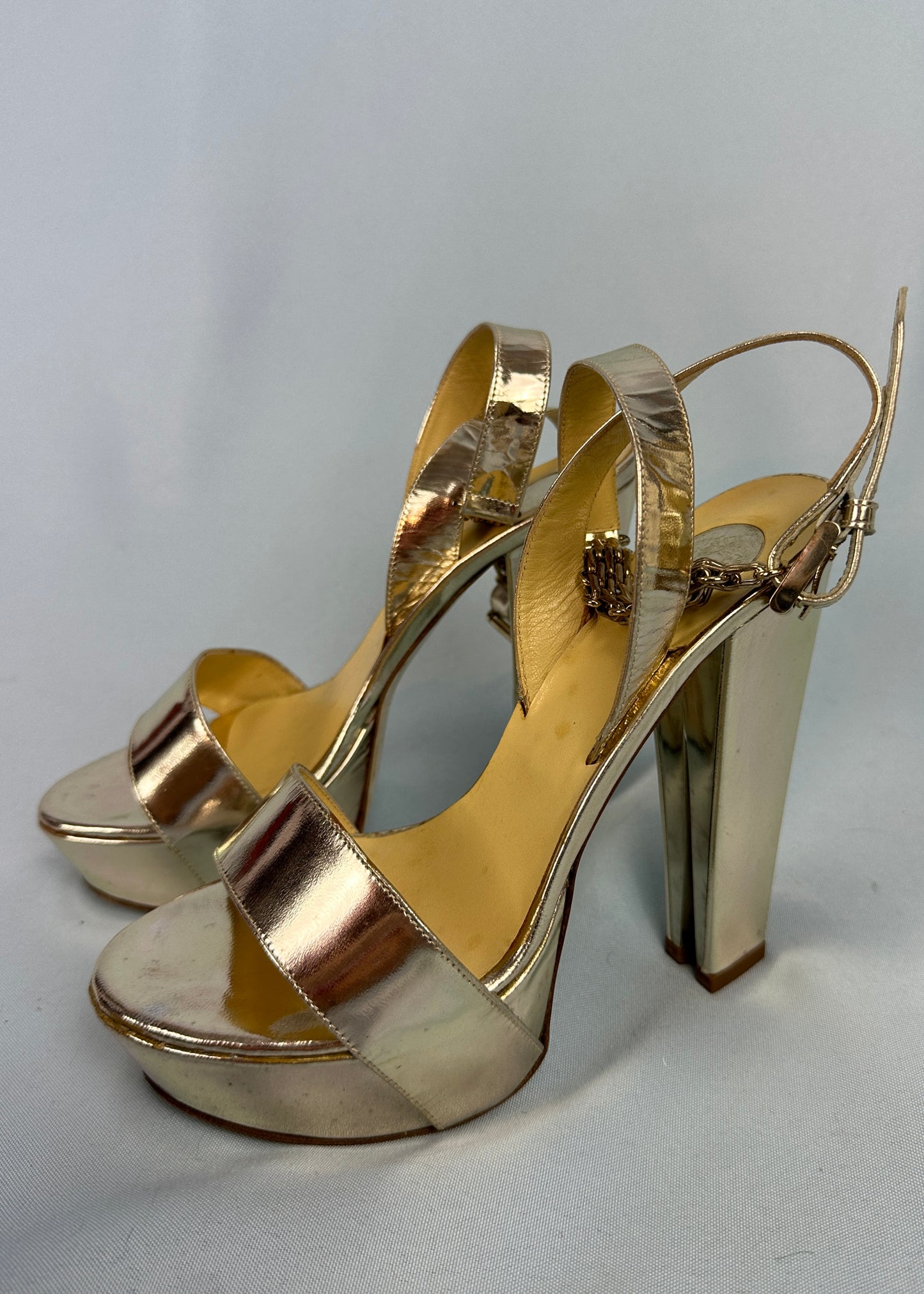 Versace Metallic Gold Chain Detail Platform Heels