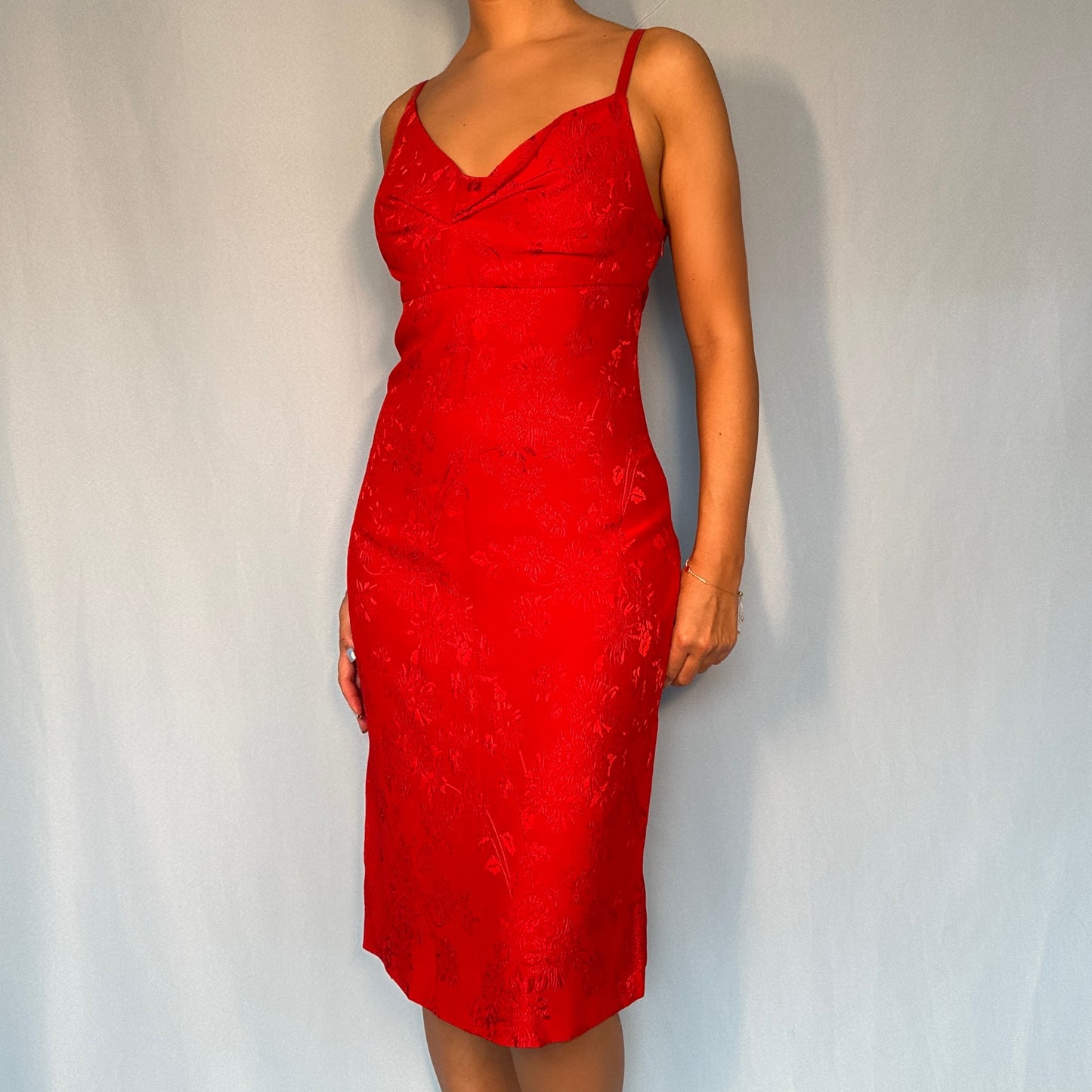 Versace 1998 Red Satin Draped Cowl Neckline Dress