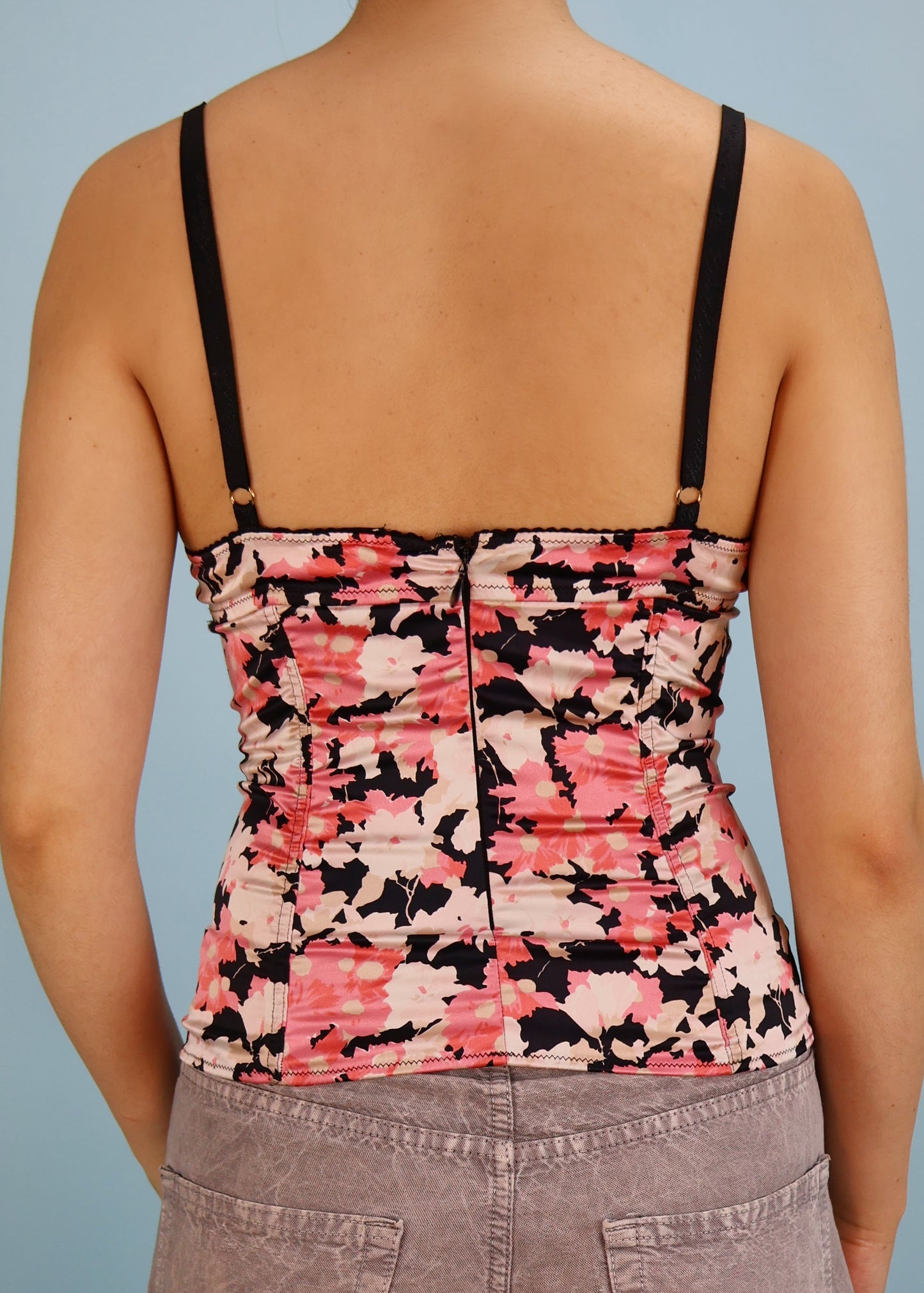 Dolce & Gabbana Pink & Black Floral Print Satin Corset Top