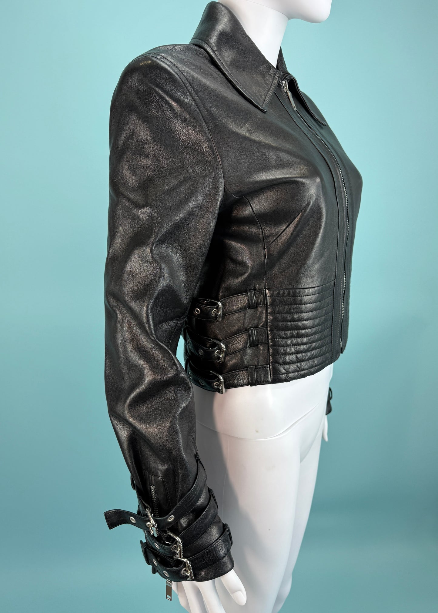 Celine Fall 2003 Runway Black Leather Buckle Detail Jacket
