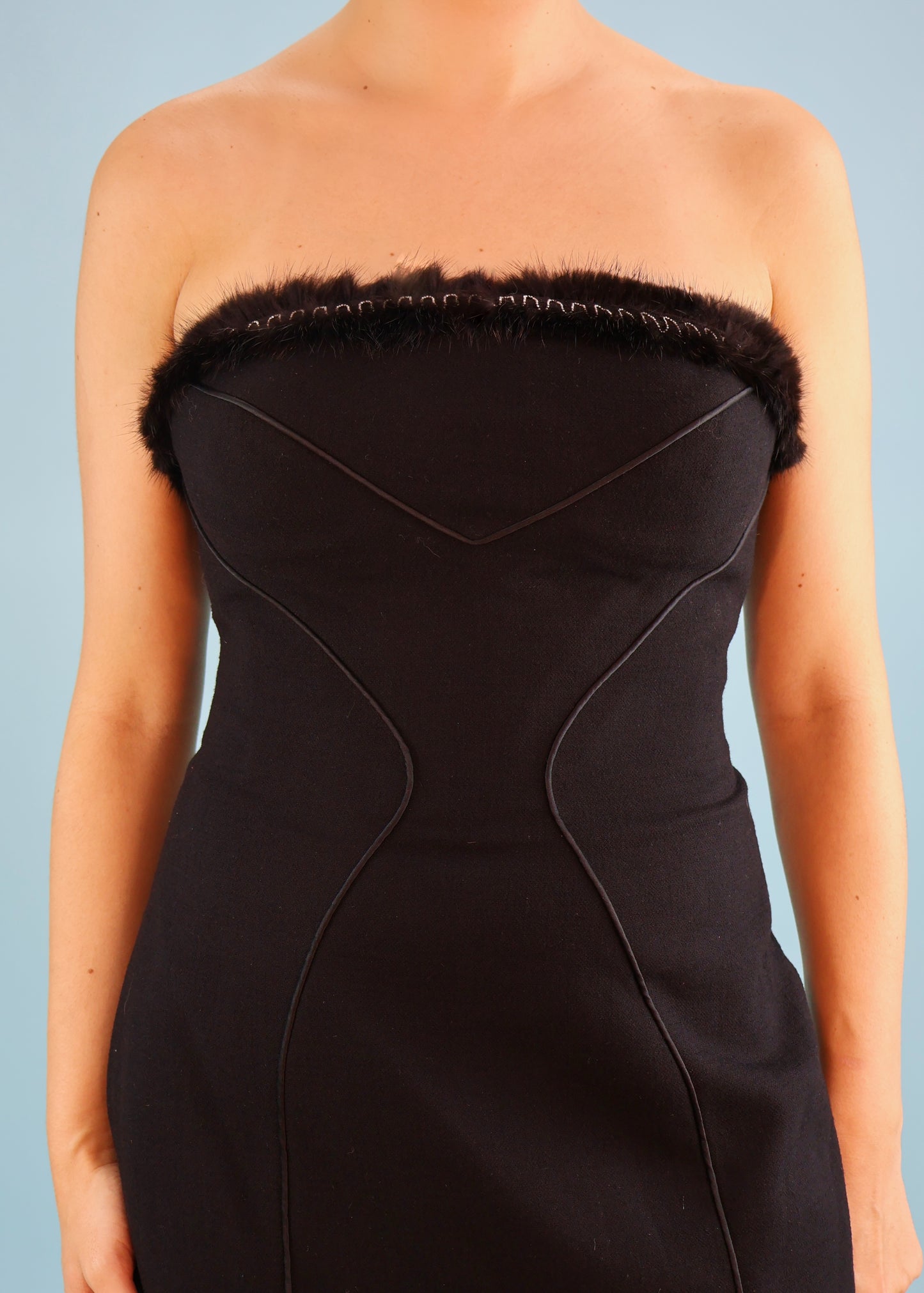 Versace Black Fur Trim Strapless Dress