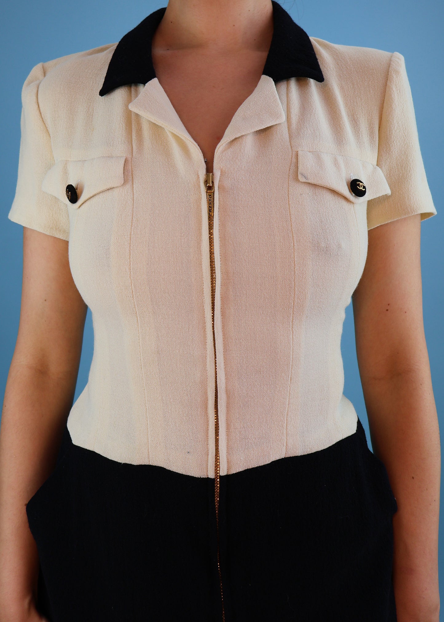 Chanel Spring 1995 Runway Cream & Black Zip Up Mini Dress