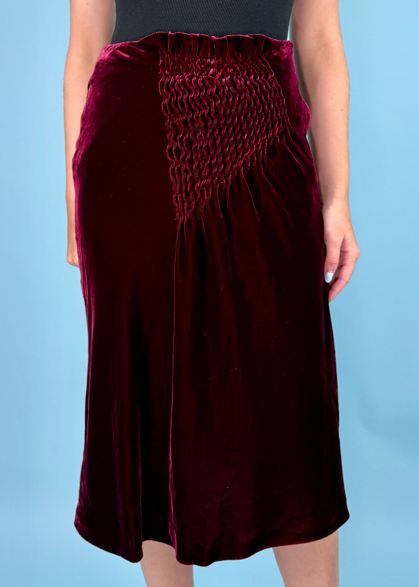 Gucci Fall 1999 Burgundy Red Velvet Ruched Velvet Skirt