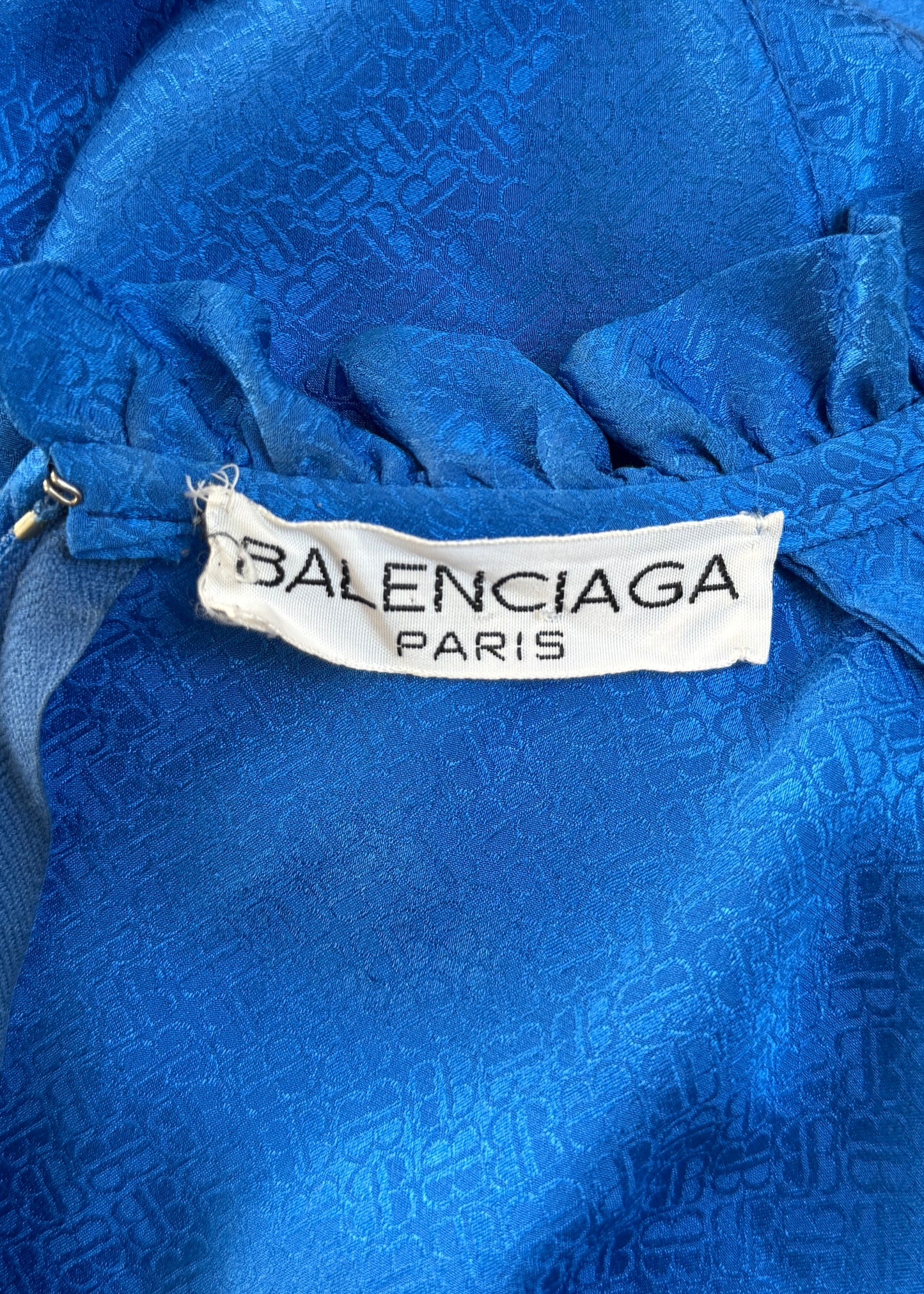 Balenciaga 1980’s Blue Monogram Silk Wide Sleeve Maxi Dress