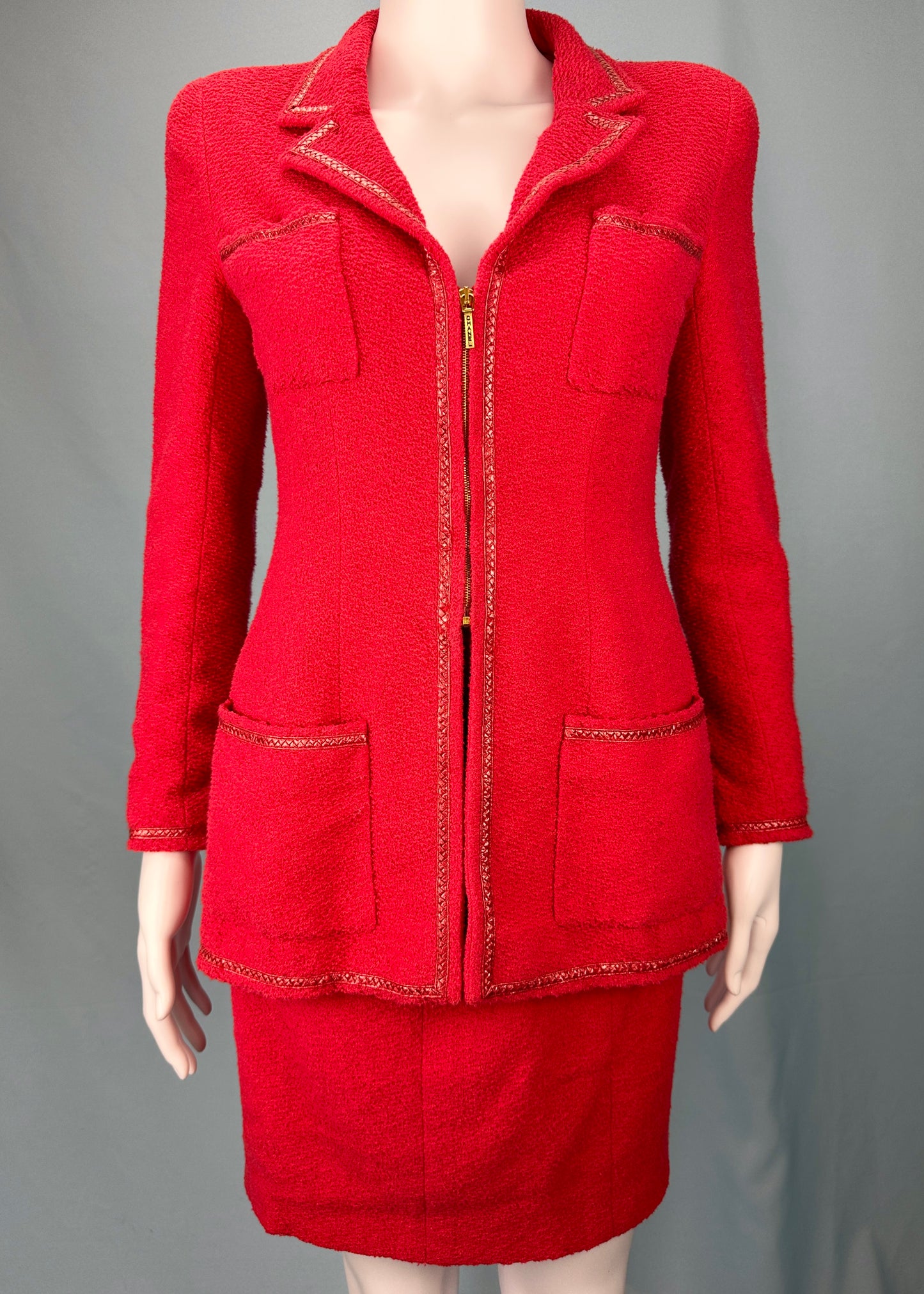 Chanel Spring 1995 Runway Red Boucle Zip Jacket & Skirt Suit Set