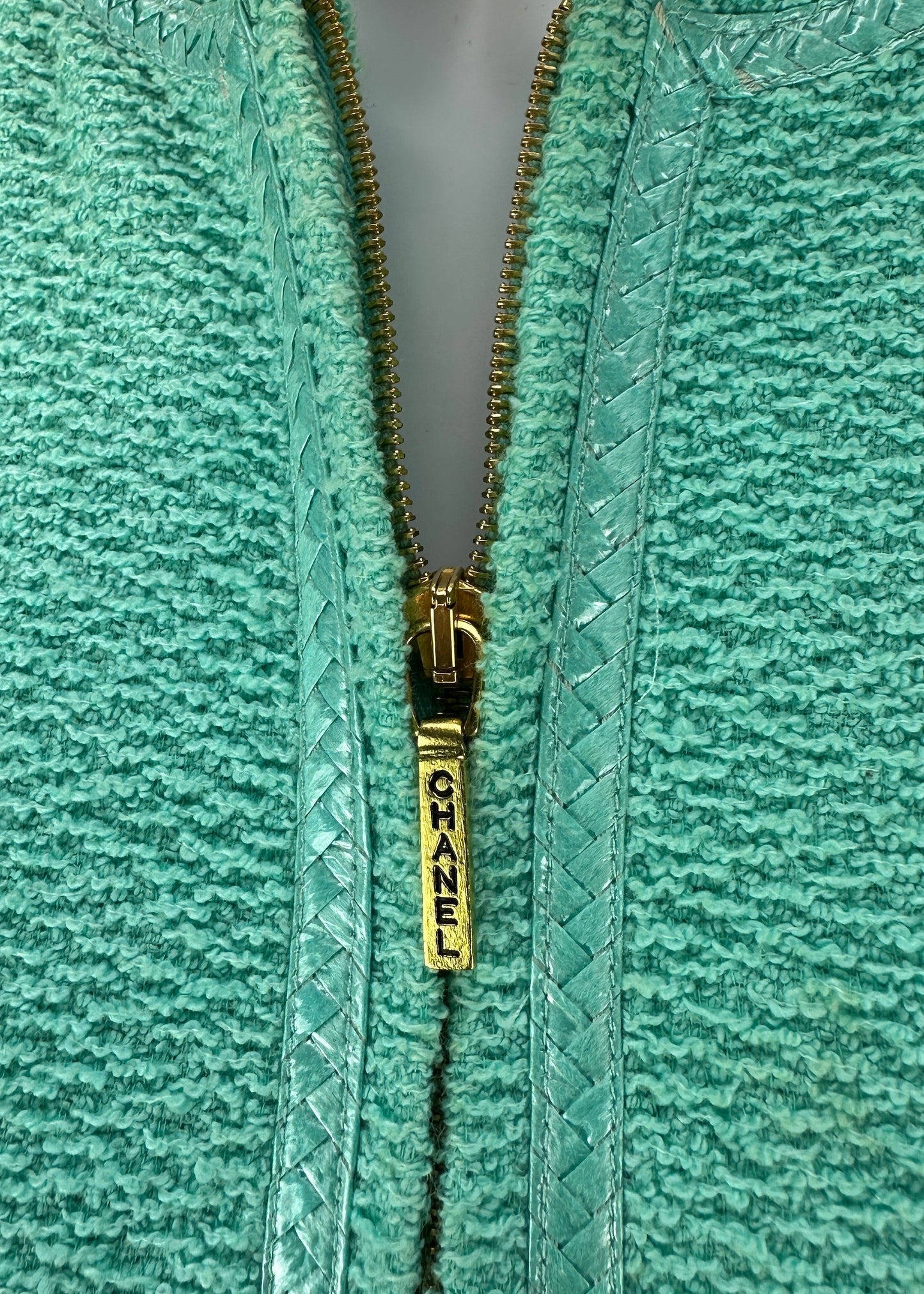 Chanel Spring 1995 Runway Blue Boucle Zip Jacket & Skirt Suit Set