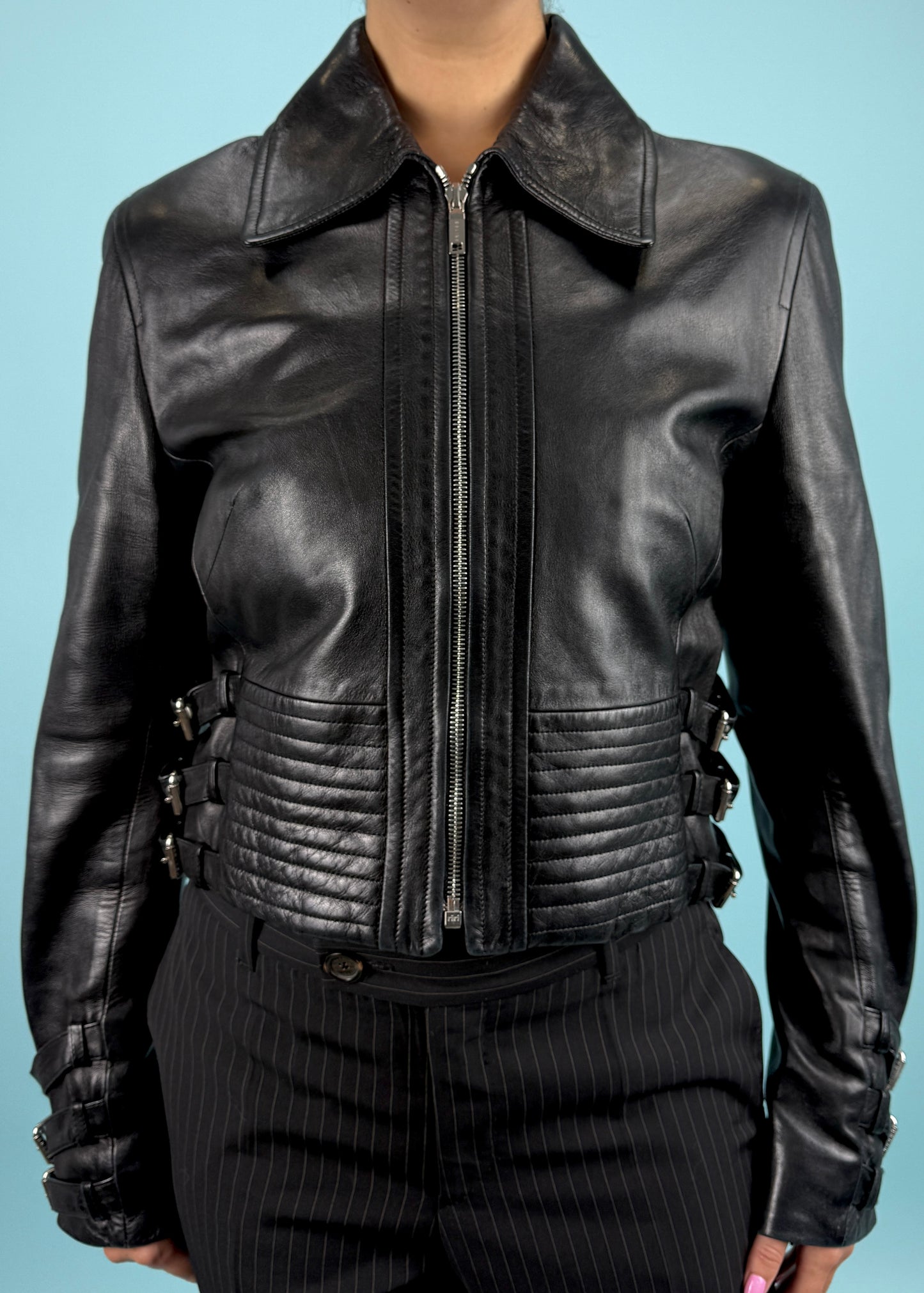 Celine Fall 2003 Runway Black Leather Buckle Detail Jacket