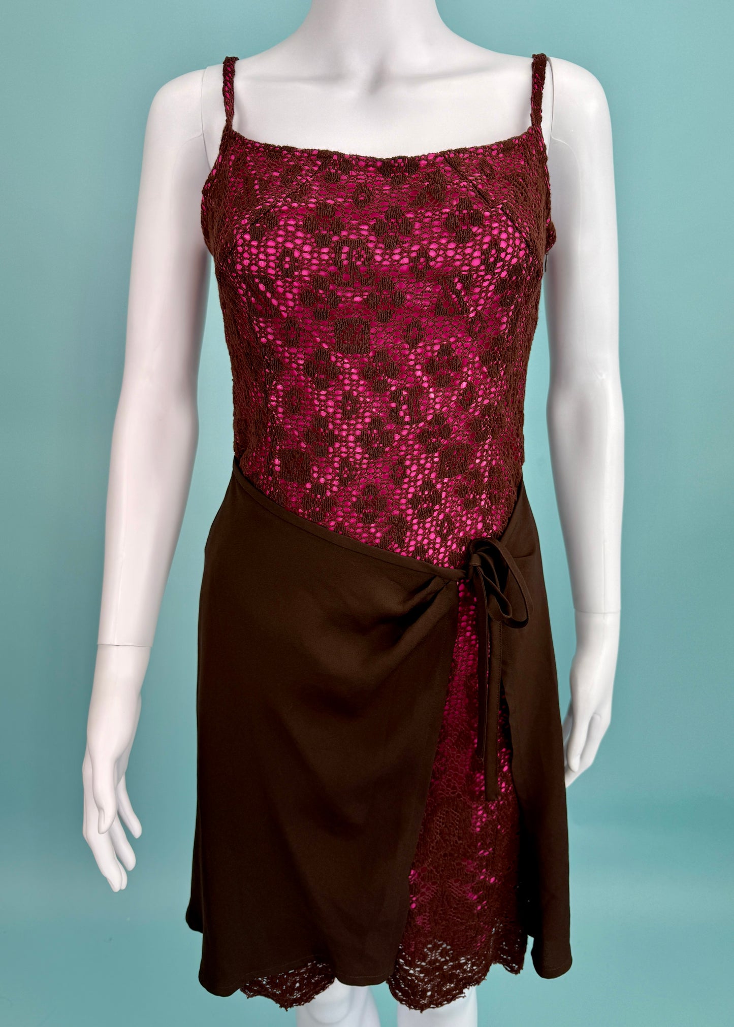 Christian Lacroix Bazar Pink & Brown Tie Up Detail Dress