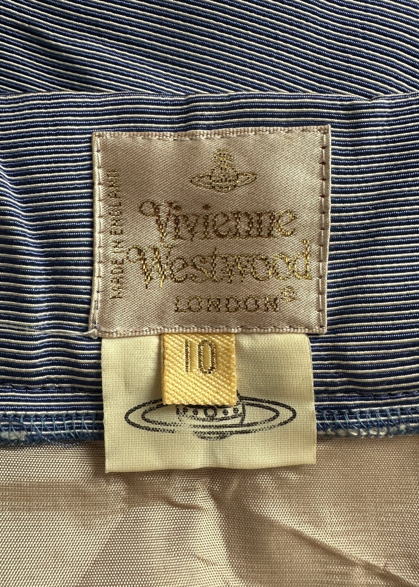 Vivienne Westwood Blue & White Stripe Enamel Orb Button Mini Skirt