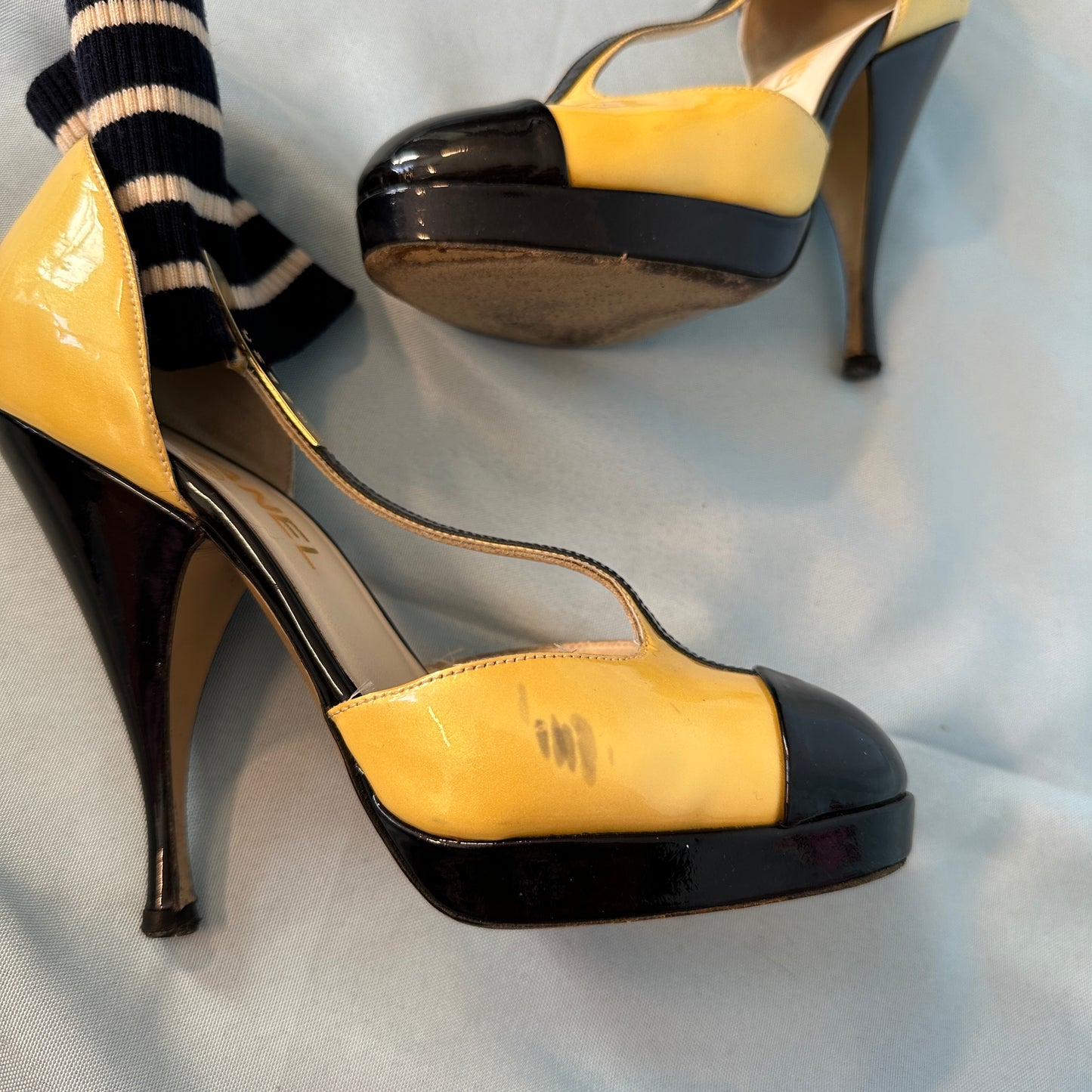 Chanel 2008 Runway Yellow & Black Patent Stripe Sock Heels