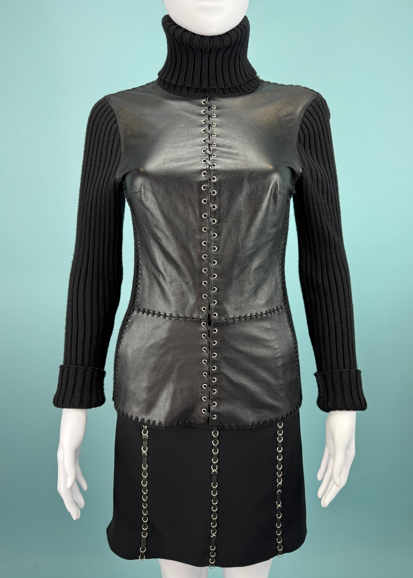 Paco Rabanne Fall 2001 Runway Leather & Knit Top & Skirt Set