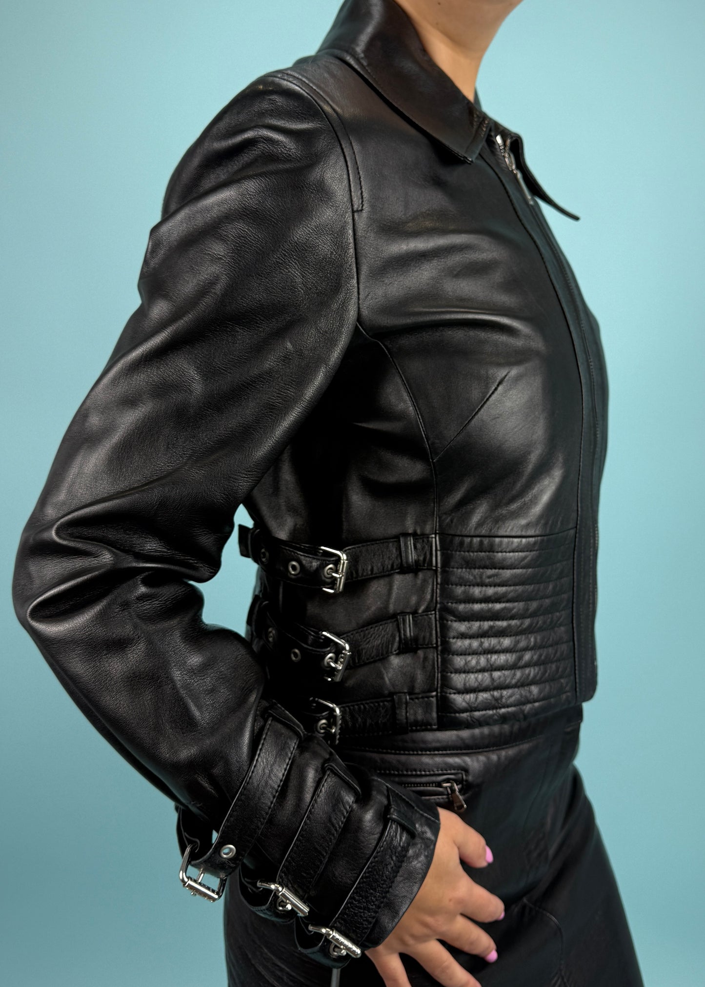Celine Fall 2003 Runway Black Leather Buckle Detail Jacket