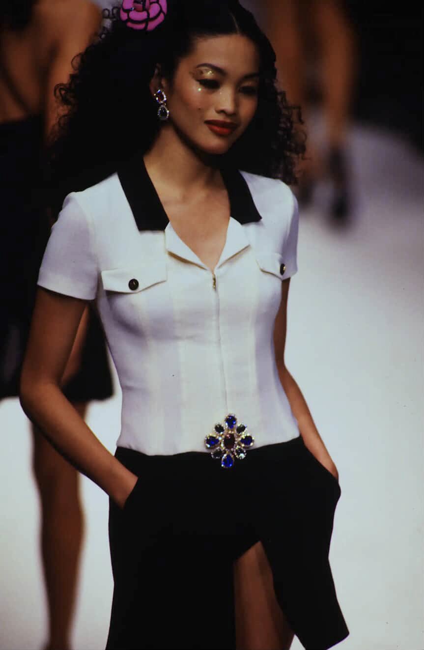 Chanel Spring 1995 Runway Cream & Black Zip Up Mini Dress
