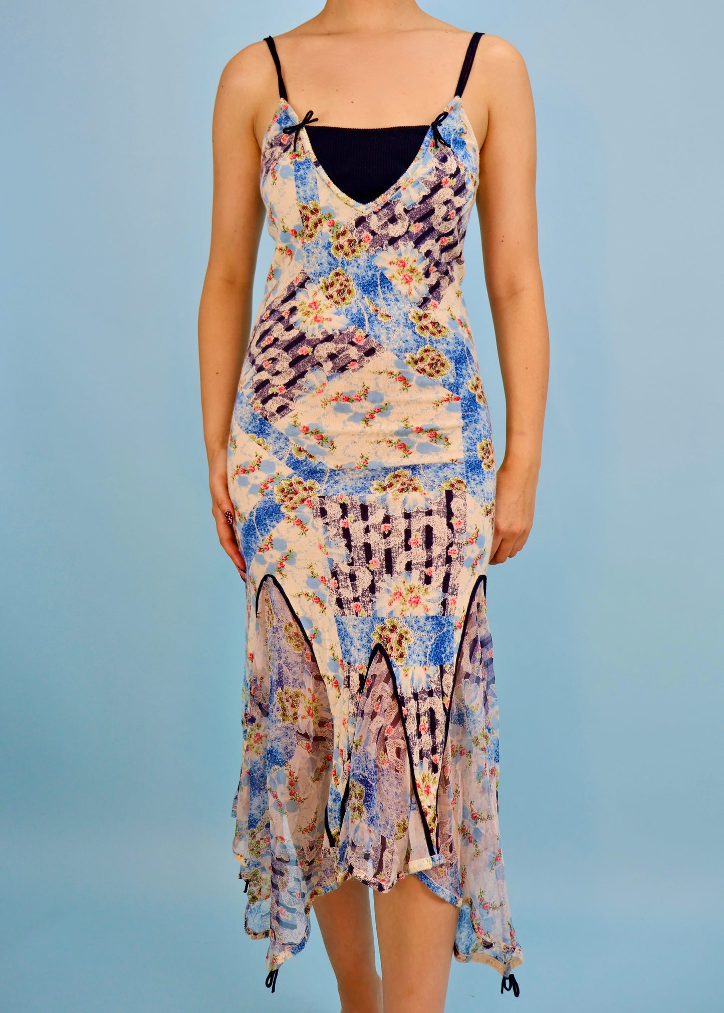 John Galliano Fall 2004 Prototype Blue Floral Knit & Silk Chiffon Dress