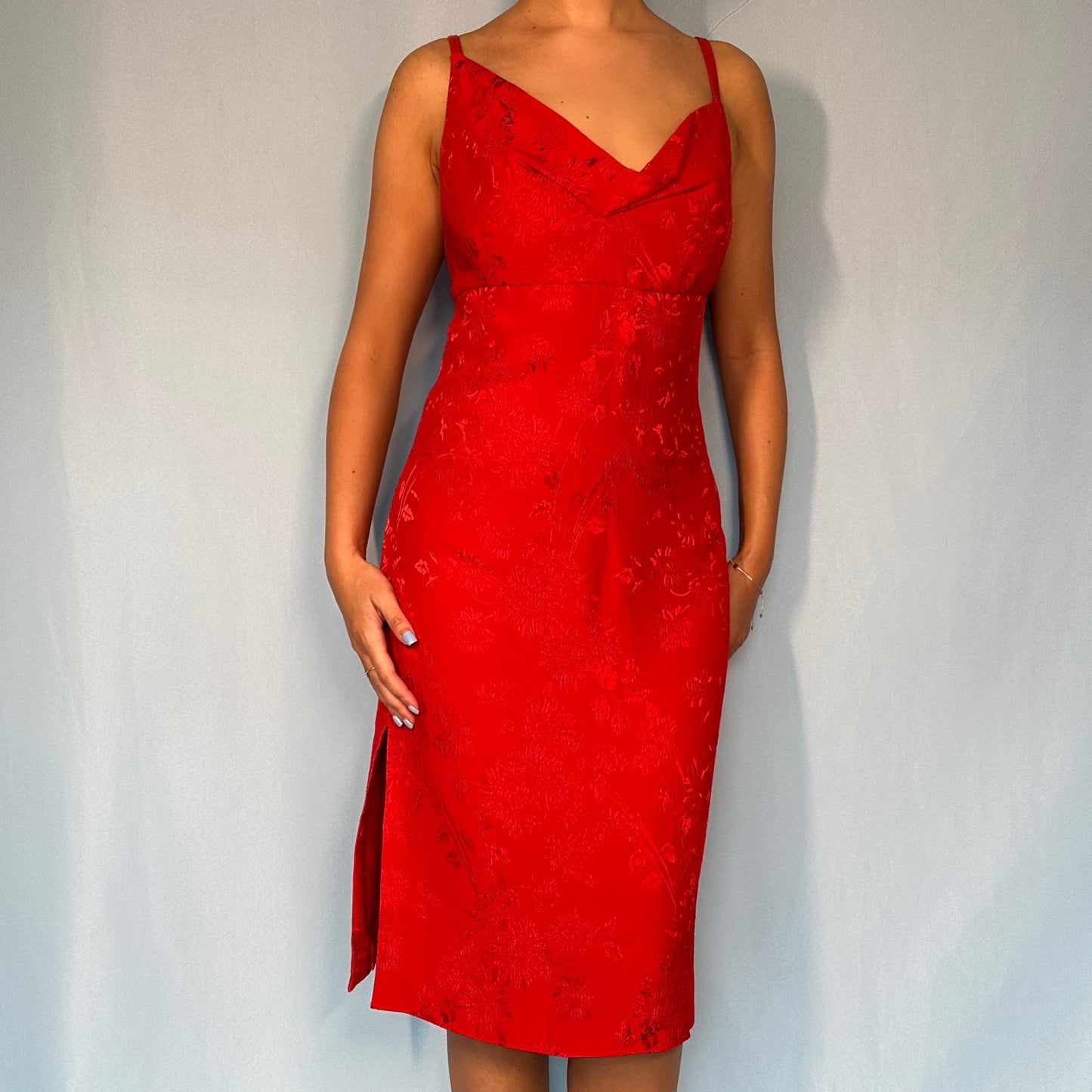 Versace 1998 Red Satin Draped Cowl Neckline Dress